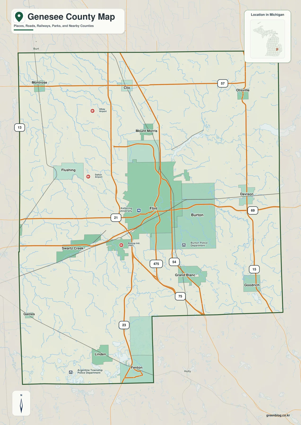 Genesee County Michigan map showing Flint, Burton, Grand Blanc, Fenton, Flushing, Swartz Creek, I-69, I-75, I-475 and M-21