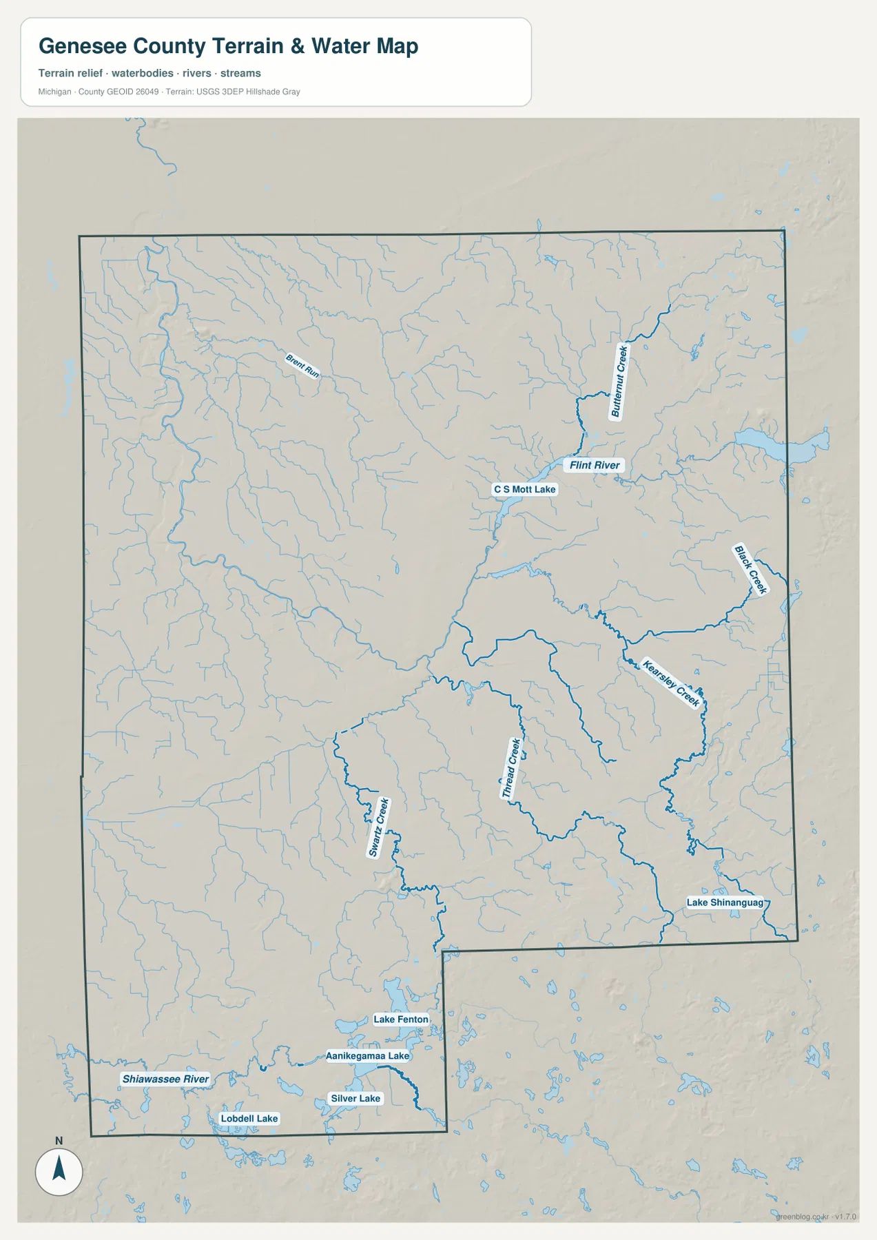 Genesee County terrain and water map showing Flint River, Butternut Creek, Kearsley Creek, Black Creek, Thread Creek, Swartz Creek, Shiawassee River, C S Mott Lake, Lake Fenton and Silver Lake
