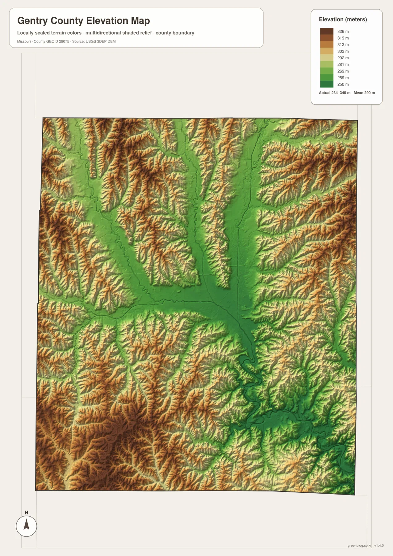 Gentry County elevation map from 234 to 340 meters