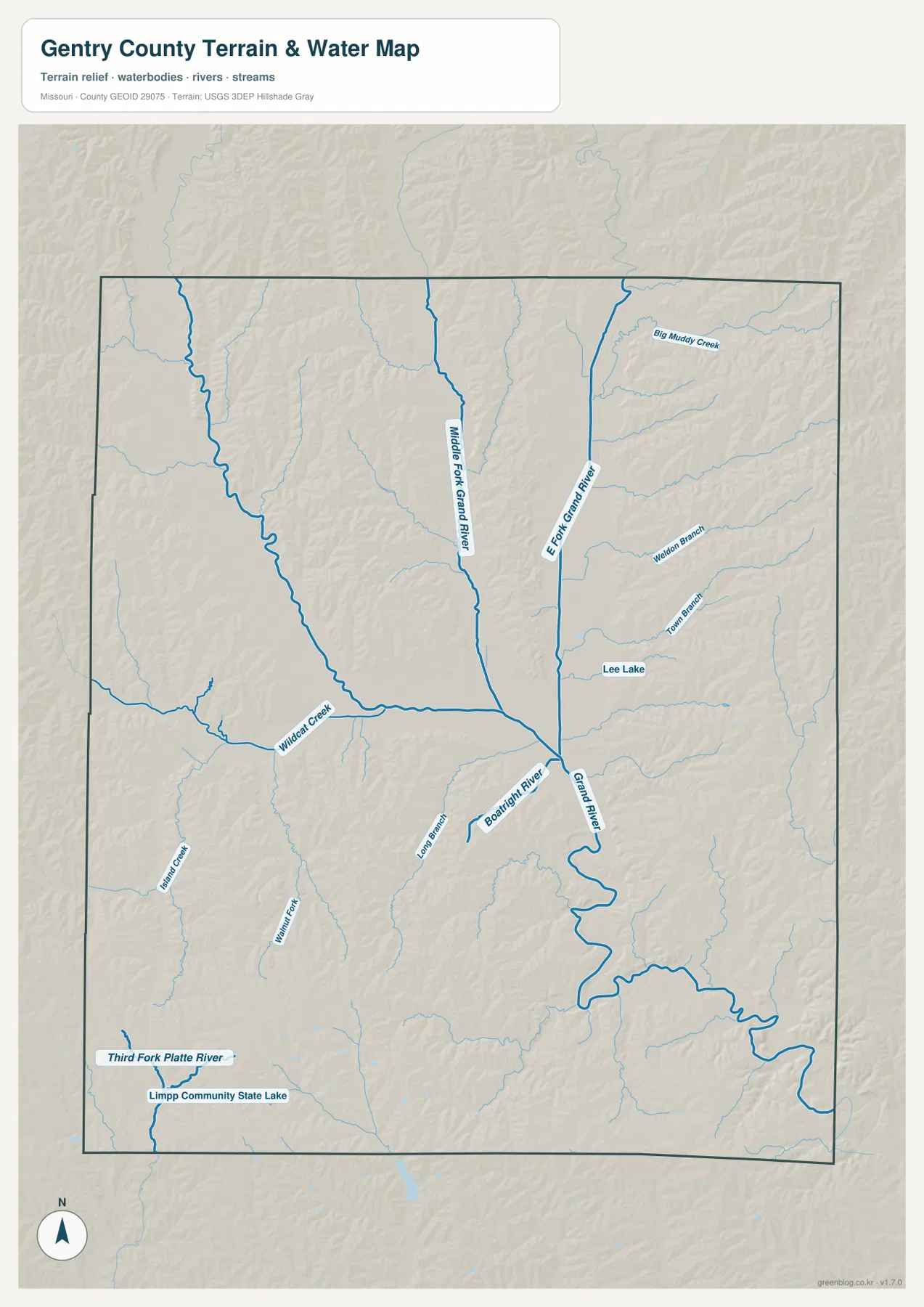 Gentry County Grand River and tributaries terrain map