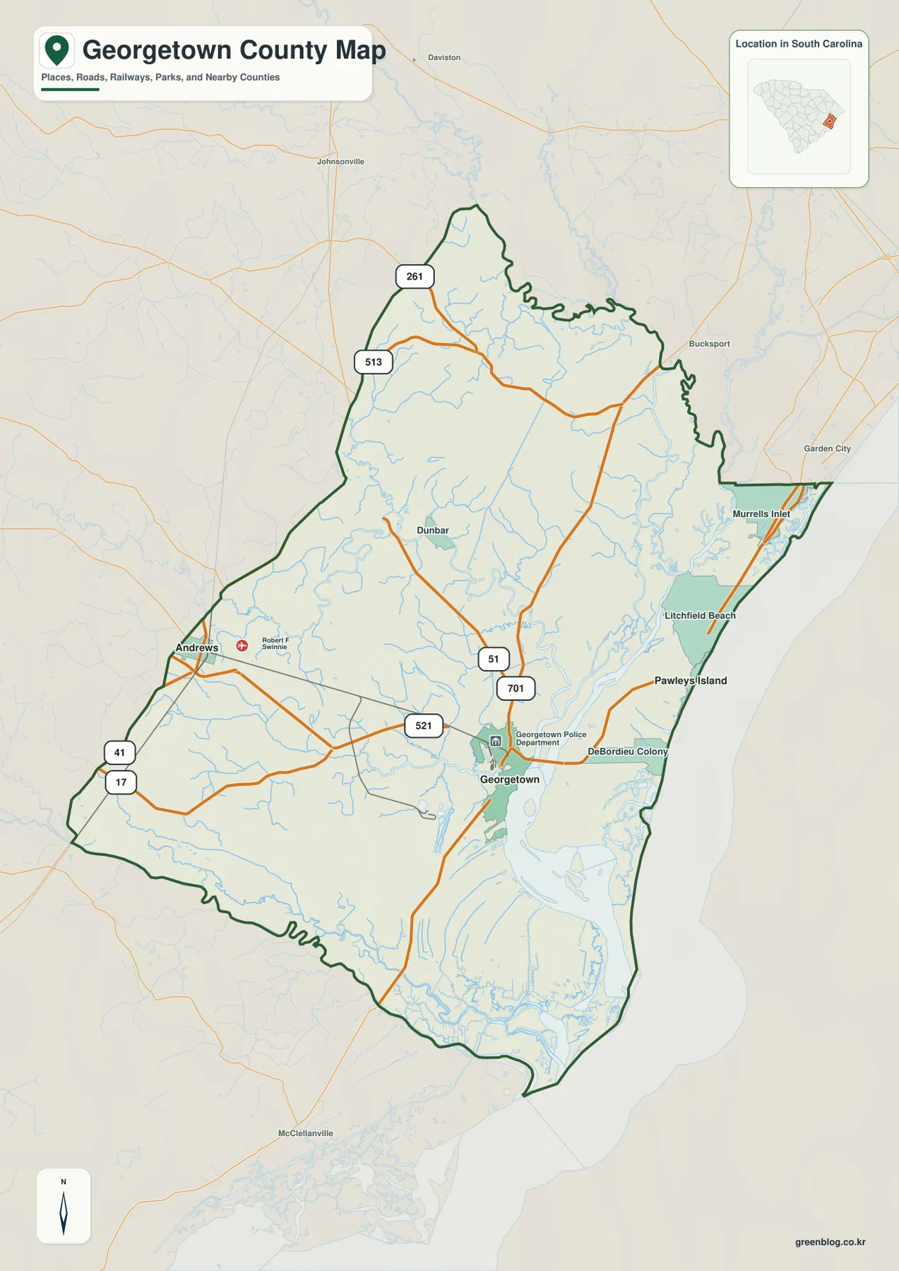 Georgetown County South Carolina map showing Georgetown, Andrews, major highways, streams, and the Atlantic coast