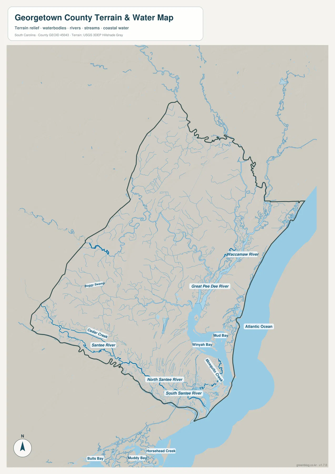 Georgetown County terrain and water map showing Waccamaw River, Great Pee Dee River, Winyah Bay, Santee rivers, creeks, and Atlantic Ocean