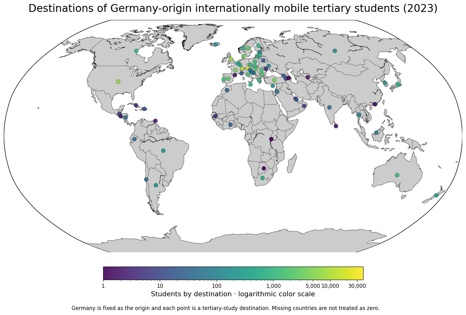 Map of destination-country counts for Germany-origin internationally mobile tertiary students in 2023