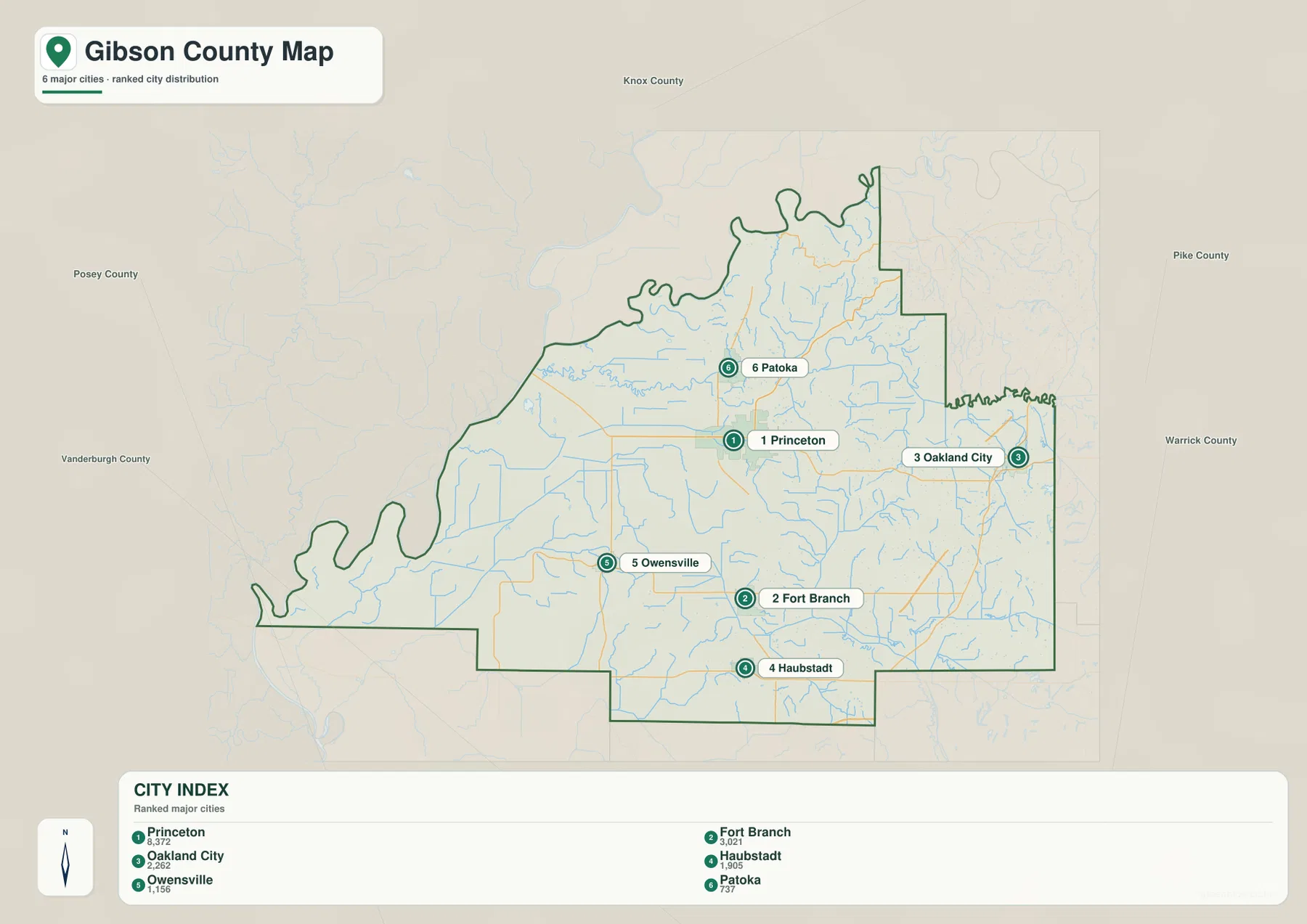 Gibson County 도시 분포 지도에 Princeton, Fort Branch, Oakland City, Haubstadt, Owensville, Patoka 순위가 표시된 모습