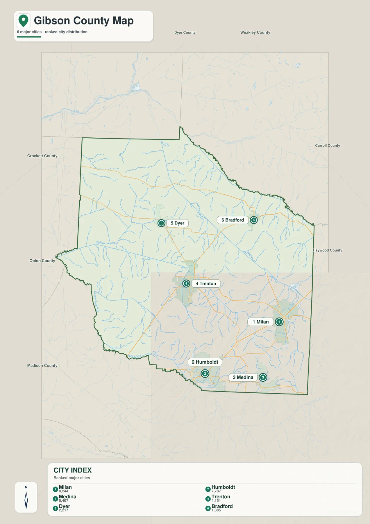 Gibson County Tennessee city map showing Trenton, Milan, Humboldt, Medina, Dyer, and Bradford