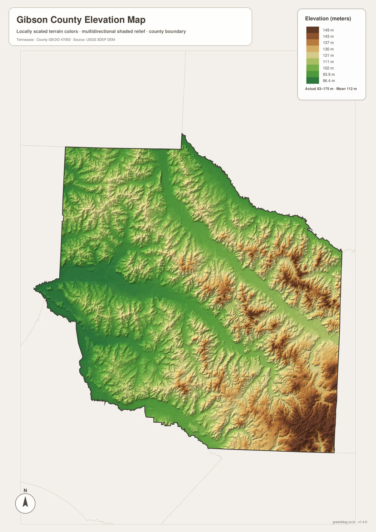 Gibson County Tennessee elevation map showing 83 to 175 meter relief and higher eastern ridges