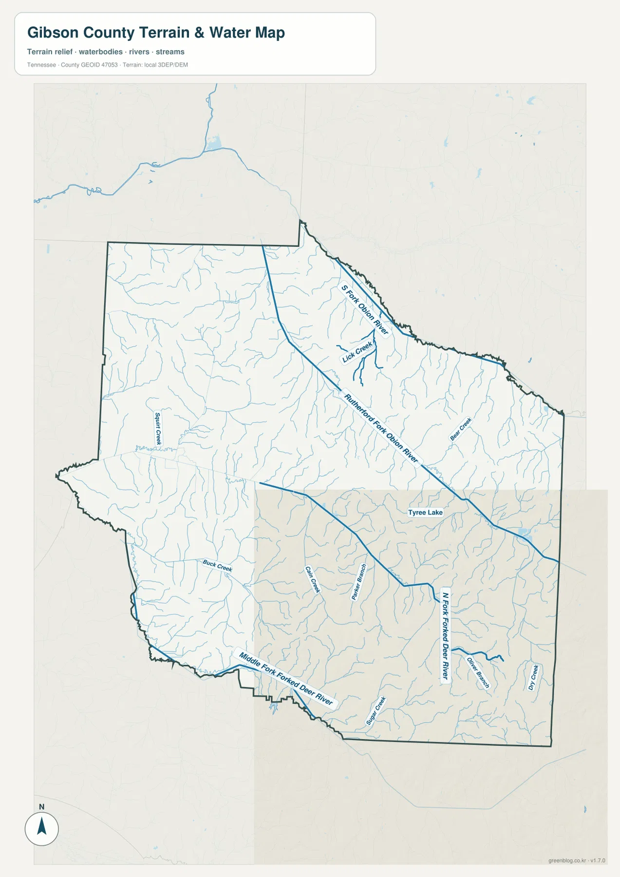 Gibson County Tennessee water map with South Fork Obion River, Rutherford Fork Obion River, Forked Deer River branches, and Tyree Lake