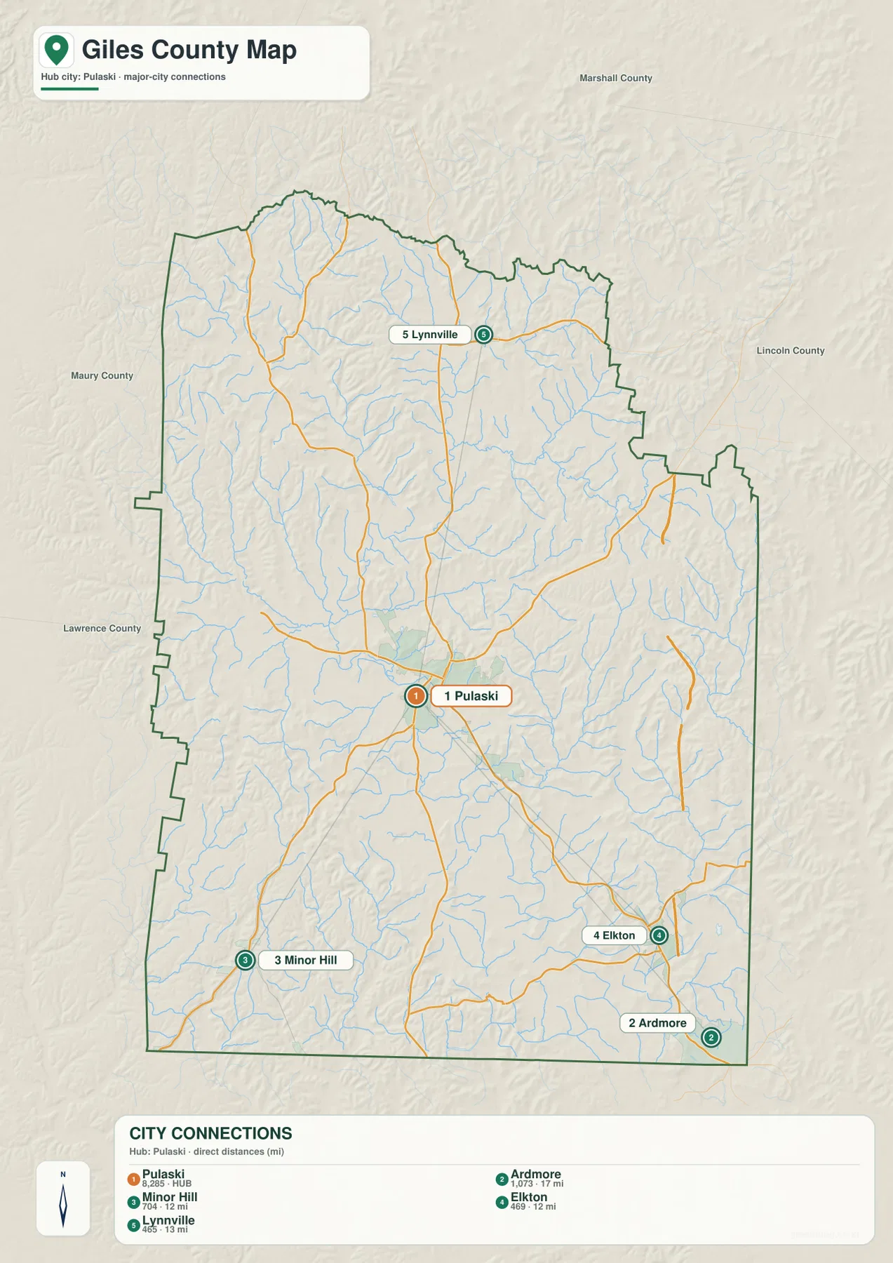 테네시주 자일스 카운티 도시 지도 - Pulaski, Lynnville, Minor Hill, Elkton, Ardmore 위치와 직선거리
