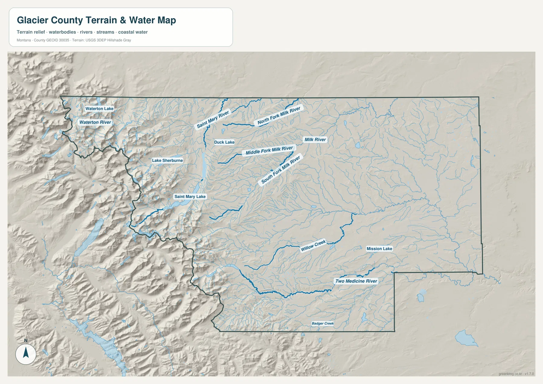 Saint Mary Lake, Lake Sherburne, Waterton Lake, Milk River 지류와 Two Medicine River를 표시한 Glacier County 수역 지형 지도