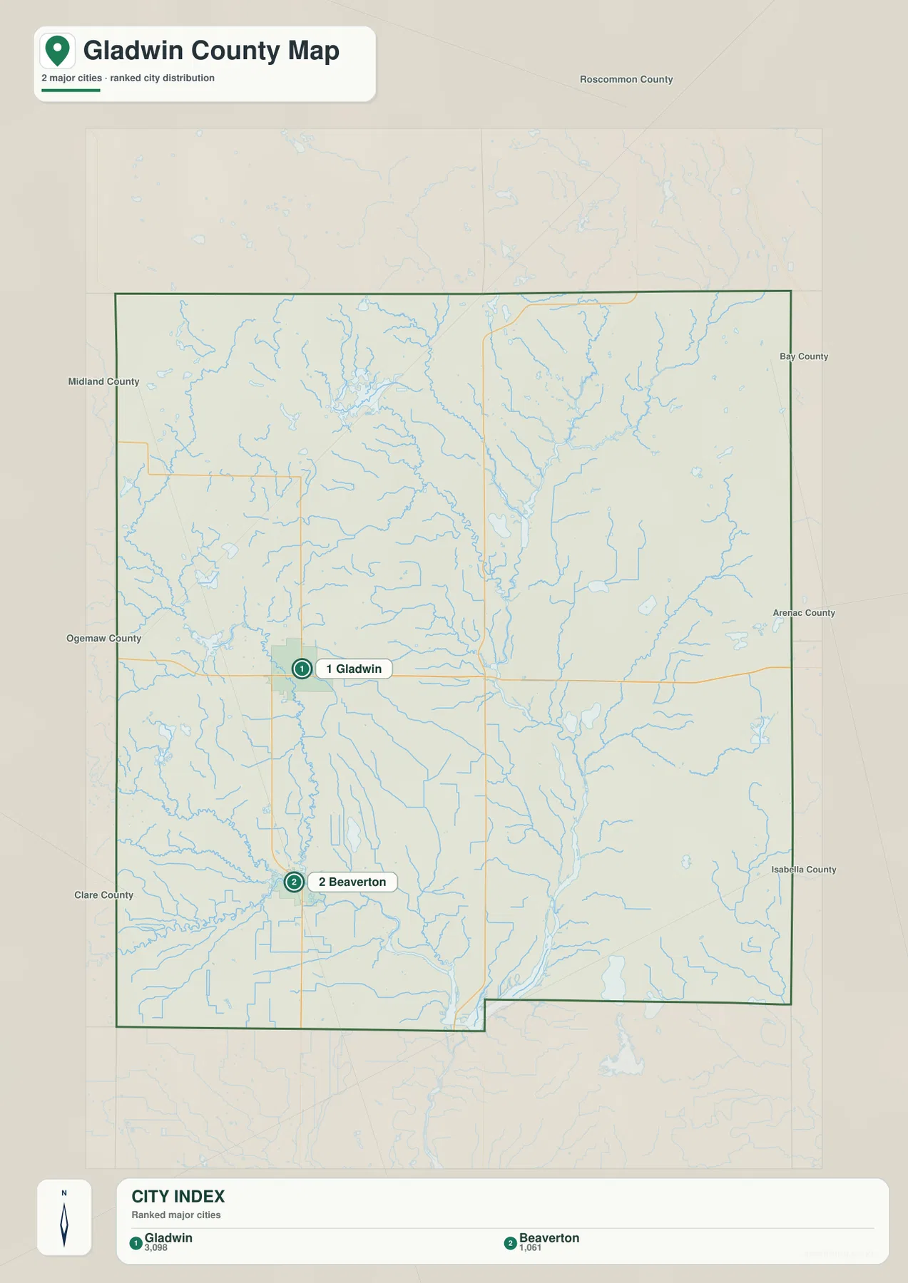 Gladwin County Michigan city distribution map with Gladwin and Beaverton numbered