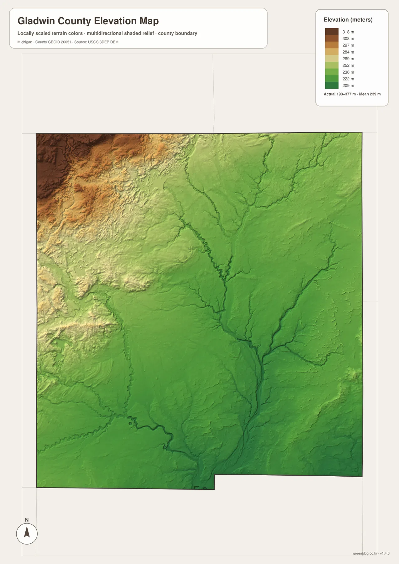 Gladwin County Michigan elevation map showing high northwestern uplands and lower Tittabawassee and Sugar river valleys