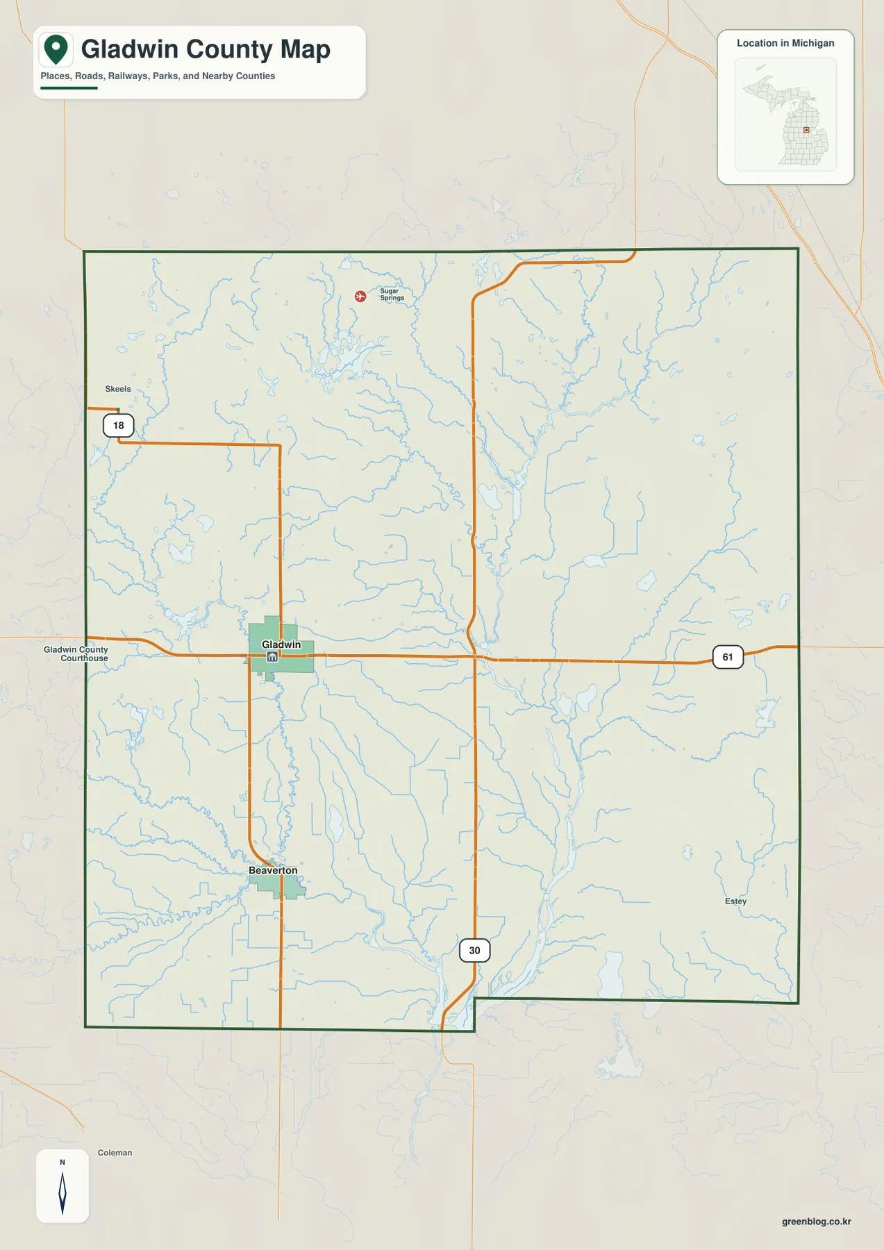 Gladwin County Michigan map showing Gladwin, Beaverton, Sugar Springs, M-61, M-18 and M-30