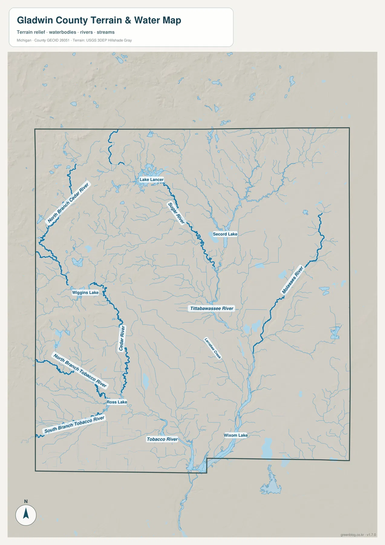 Gladwin County terrain and water map showing Tittabawassee River, Sugar River, Molasses River, Cedar River, North Branch Cedar River, Tobacco River branches, Lake Lancer, Secord Lake, Wiggins Lake, Ross Lake and Wixom Lake