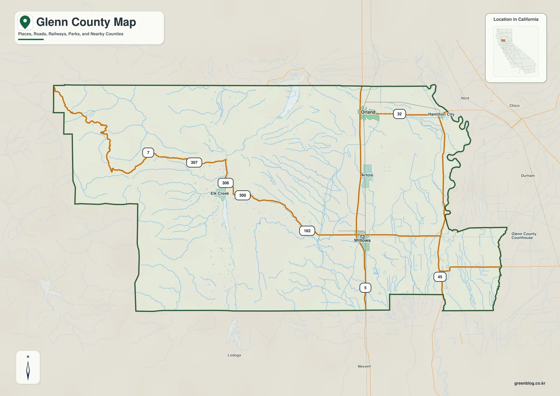 Glenn County California reference map showing Orland, Willows, Hamilton City, Artois, Elk Creek, Interstate 5, State Routes 32, 162, and 45