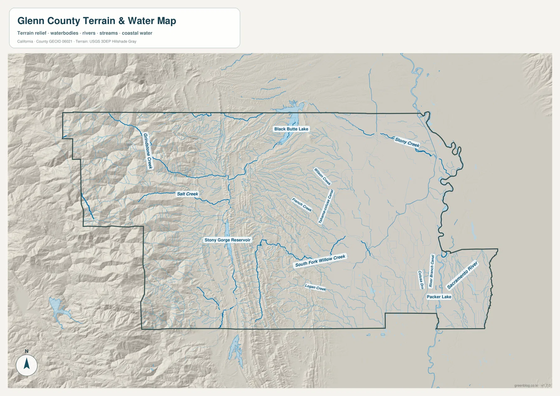 Glenn County terrain and water map showing Sacramento River, Black Butte Lake, Stony Creek, Stony Gorge Reservoir, Grindstone Creek, canals, and Coast Range relief