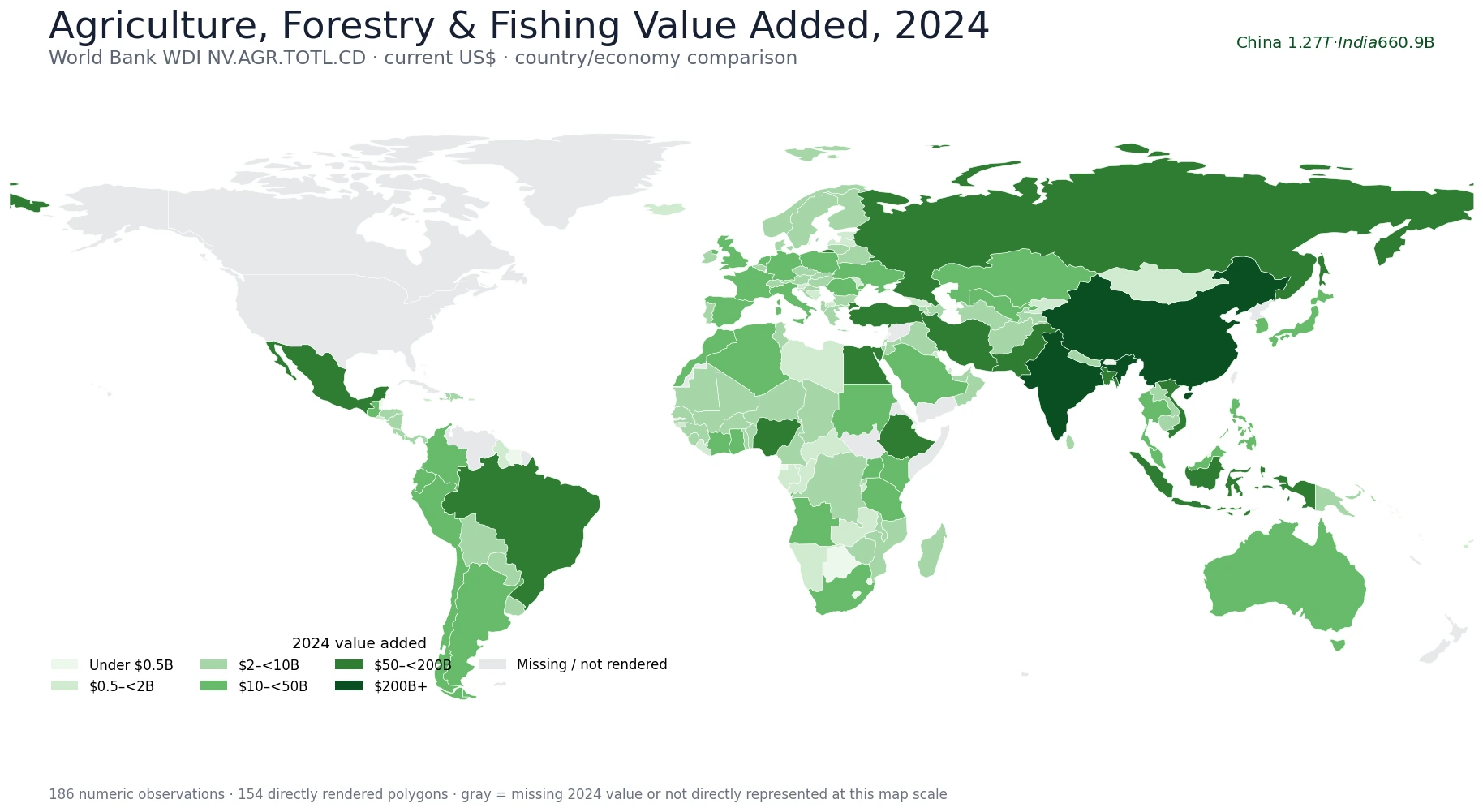 Global agriculture, forestry and fishing value added map by country and economy in 2024