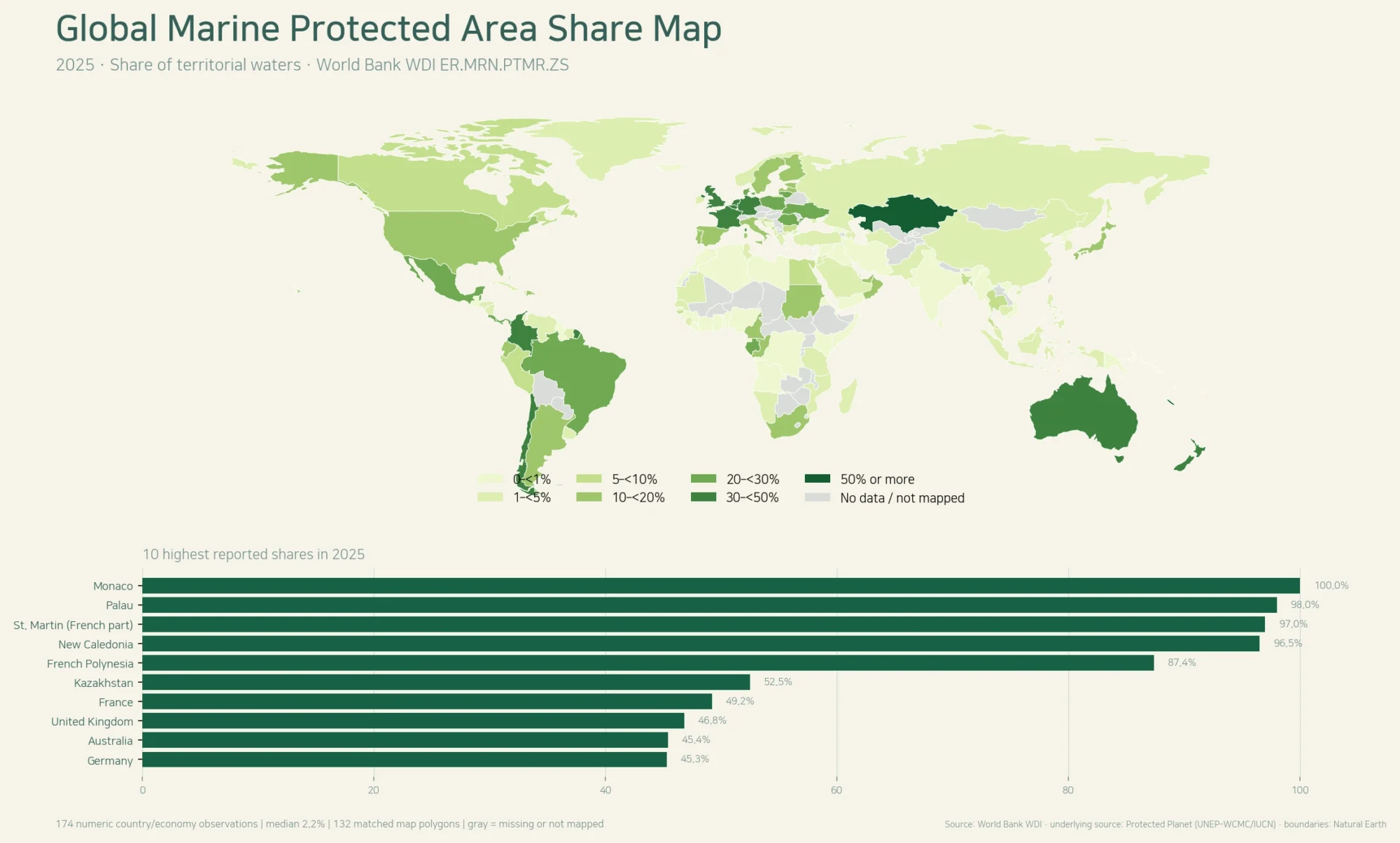 Global marine protected area share map by country in 2025