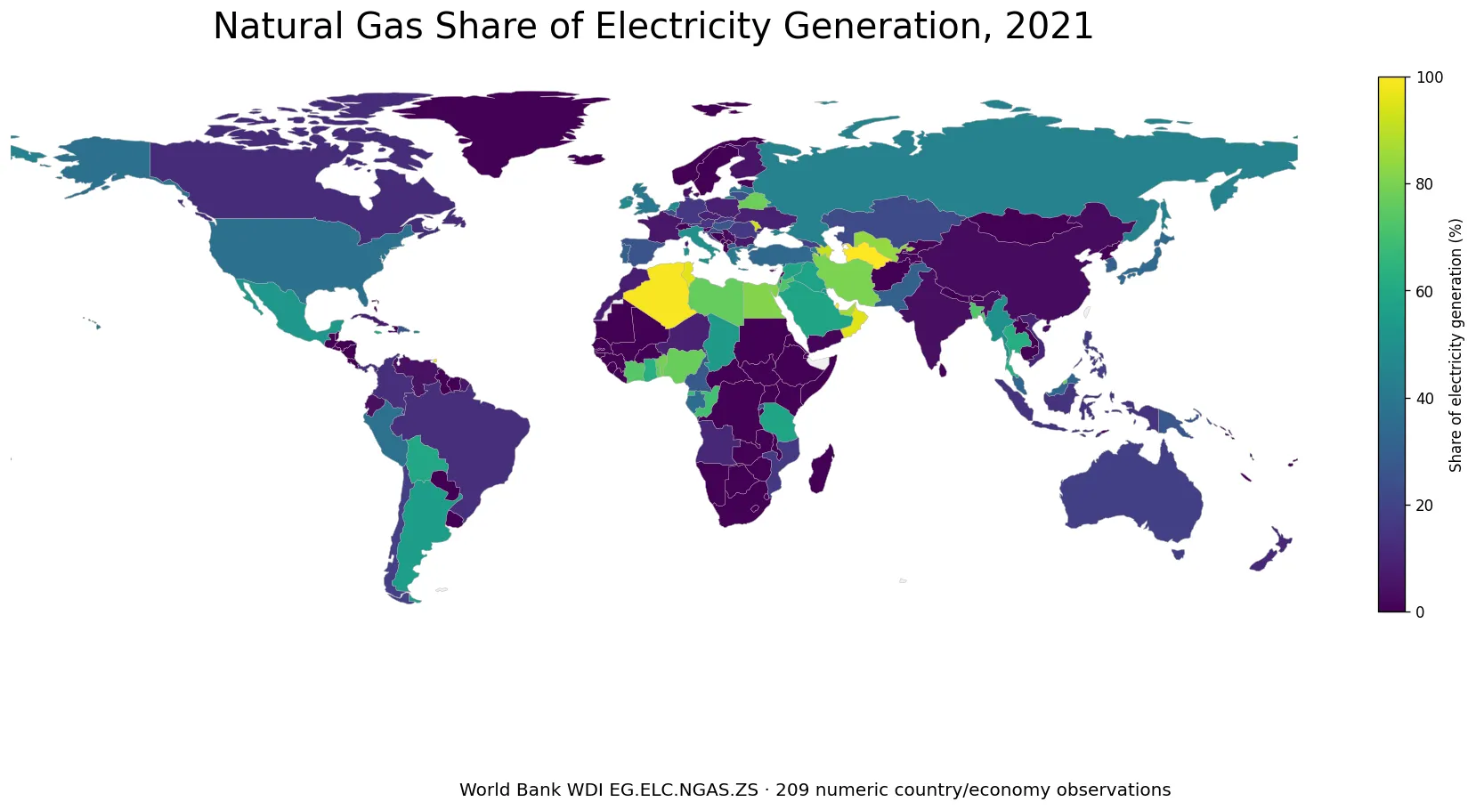 World map of natural gas share of electricity generation by country in 2021