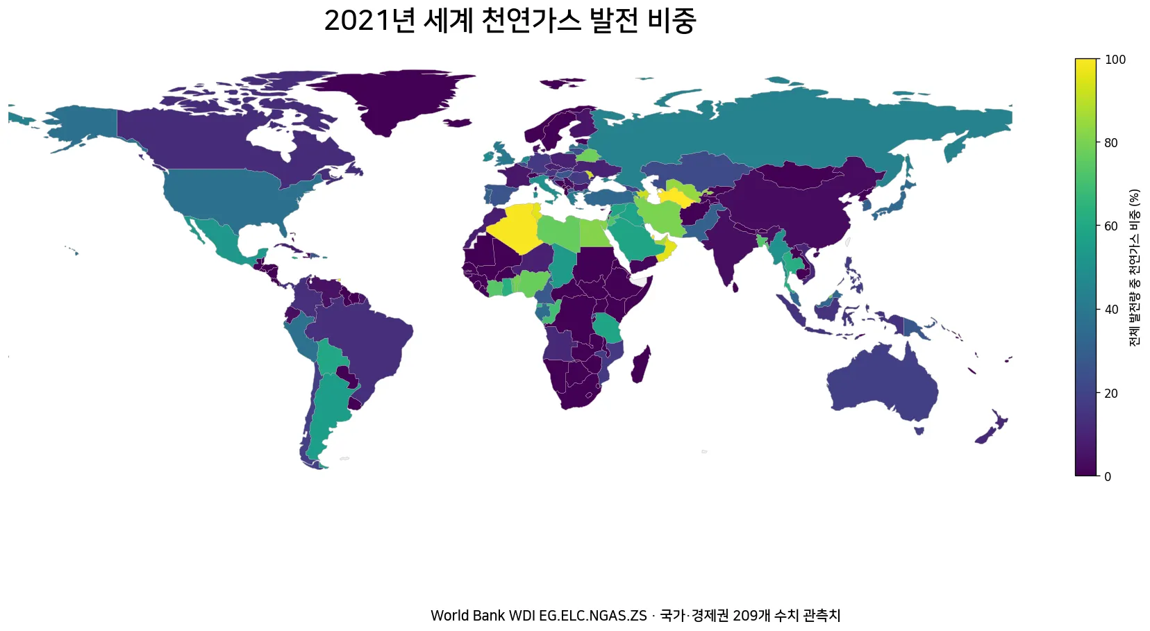 2021년 세계 국가별 천연가스 발전 비중 지도
