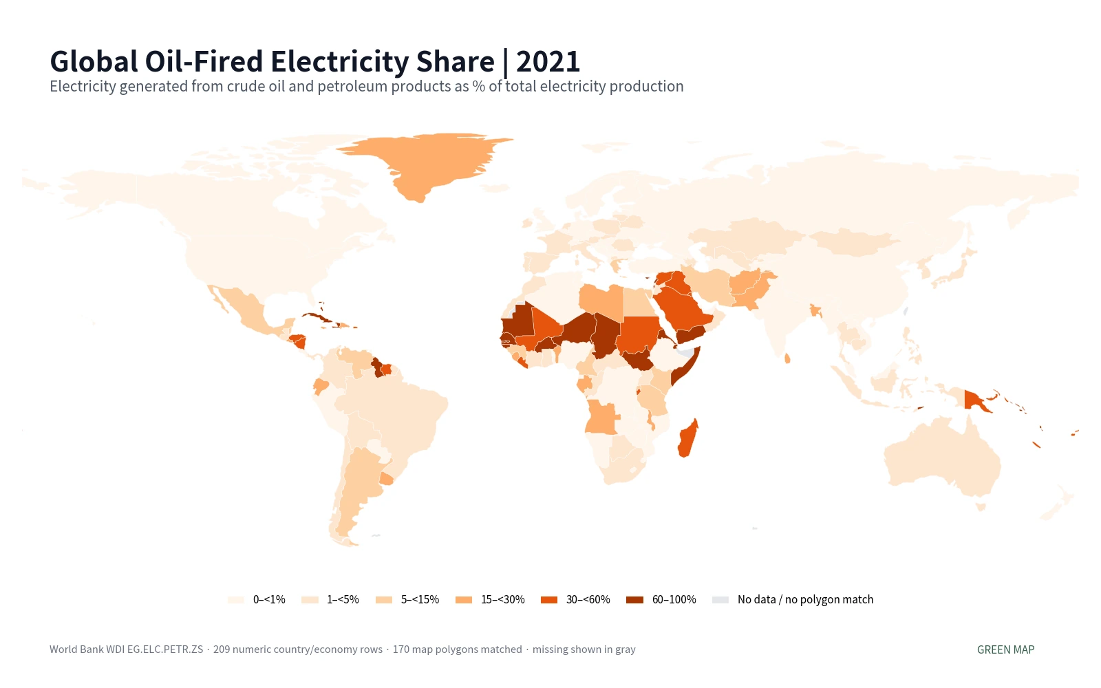 Global oil-fired electricity share by country in 2021