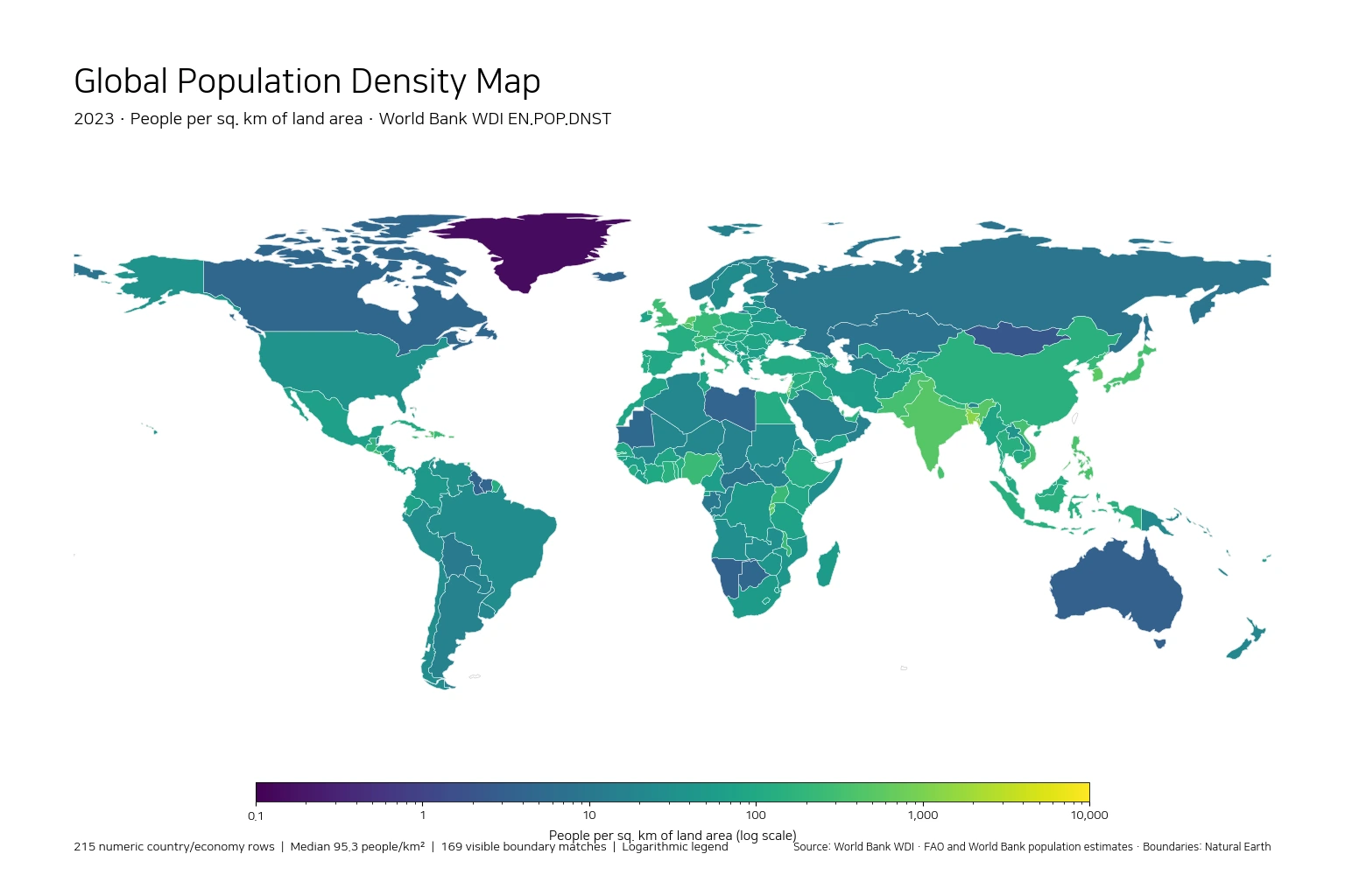 Global population density map by country and economy in 2023