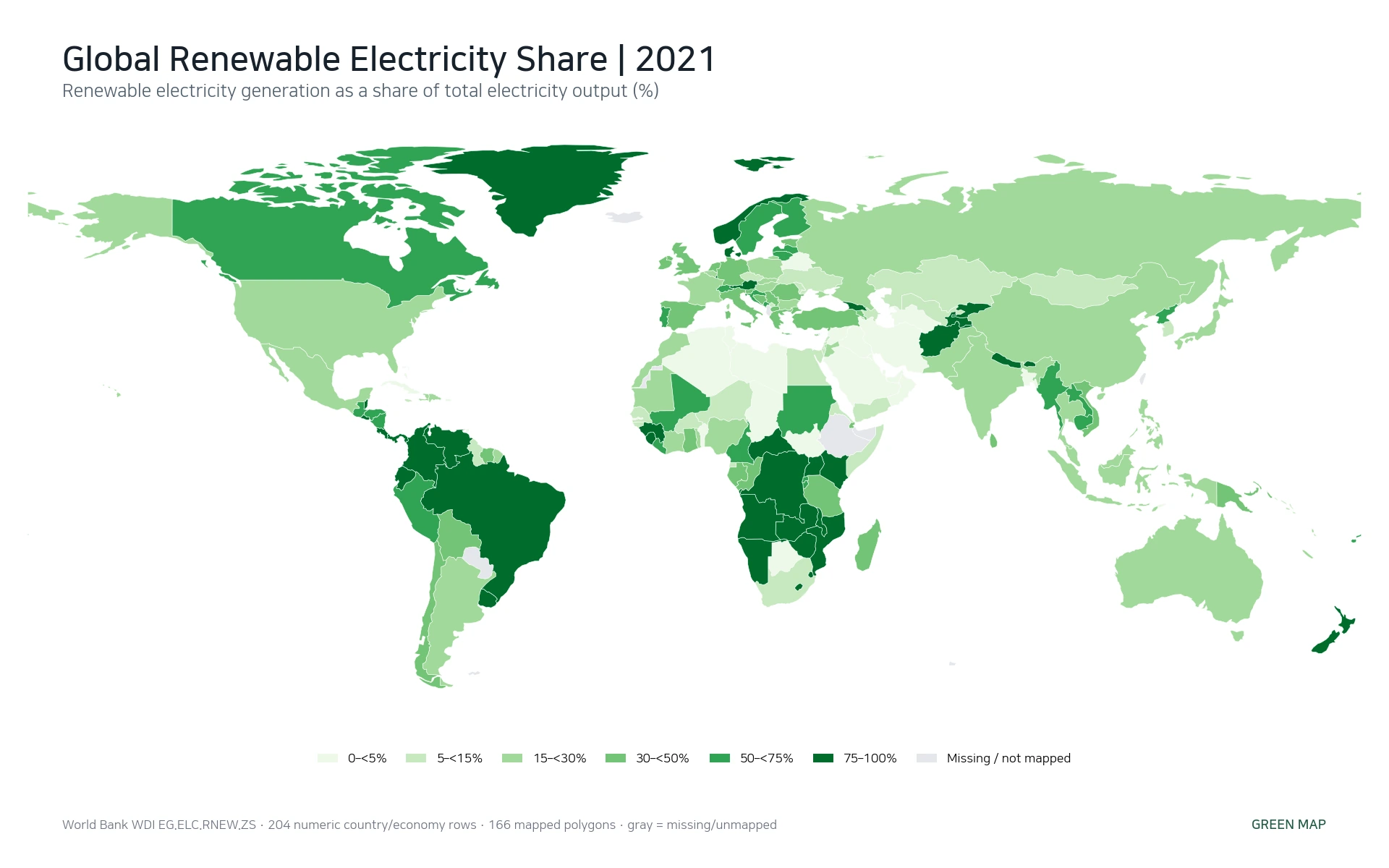 Global renewable electricity generation share by country and economy in 2021