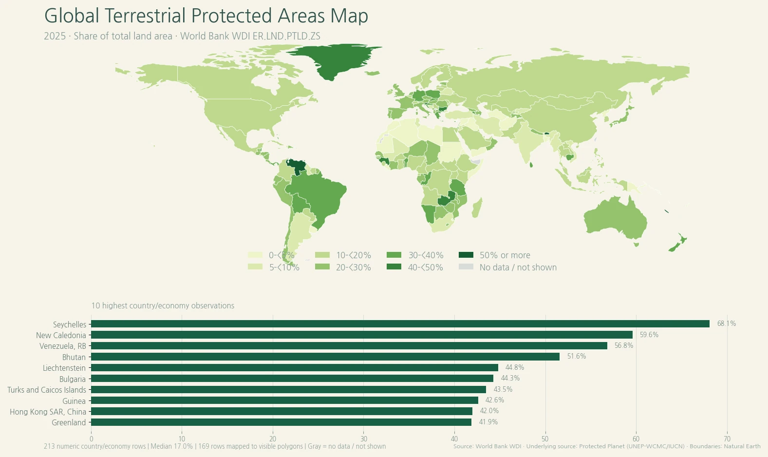 Global terrestrial protected areas map by country and economy in 2025