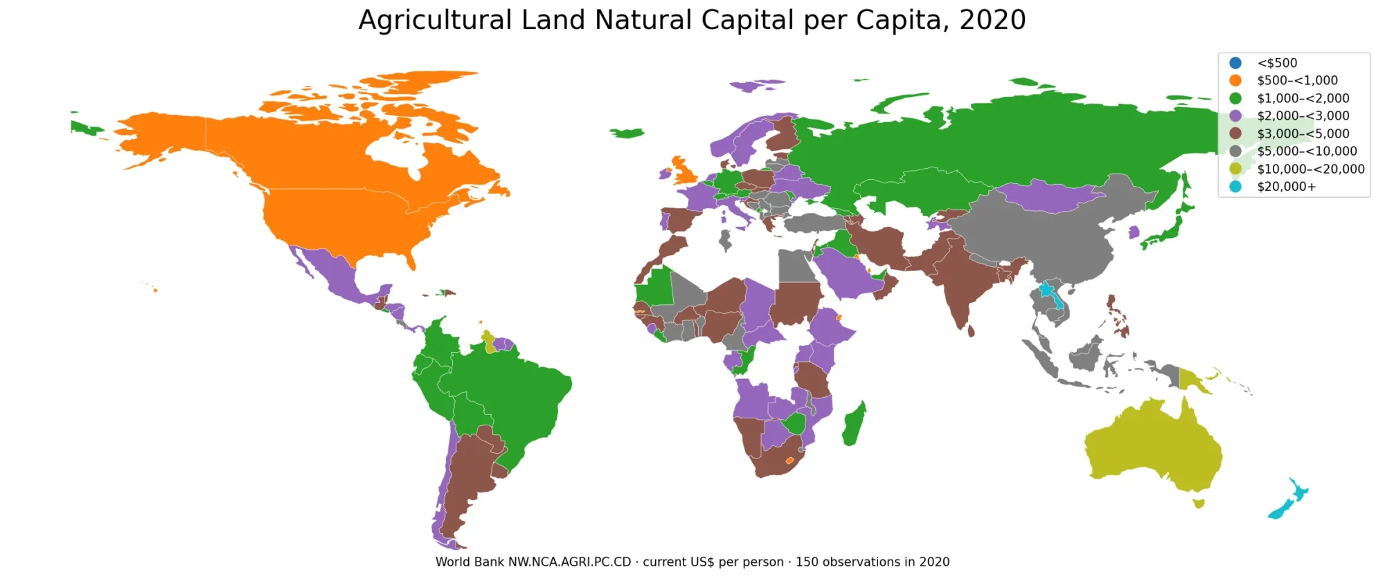 World map of agricultural land natural capital per capita in 2020