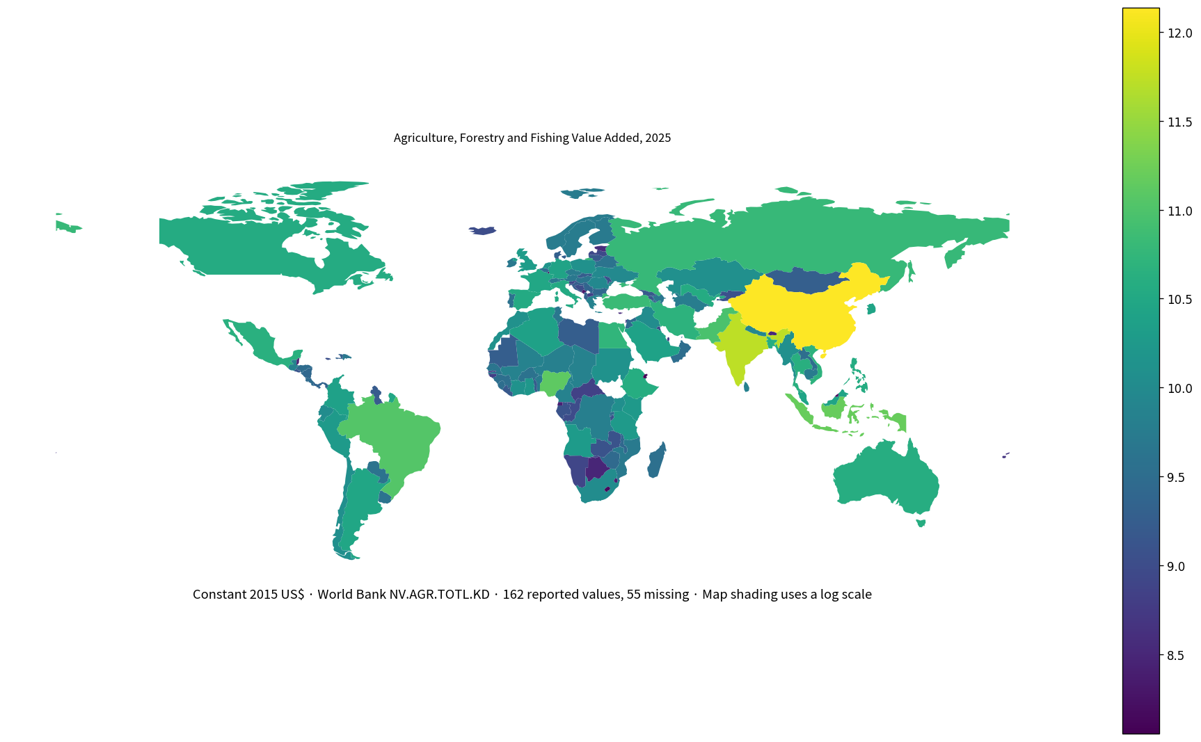 World map of agriculture forestry and fishing value added in constant 2015 US dollars for 2025