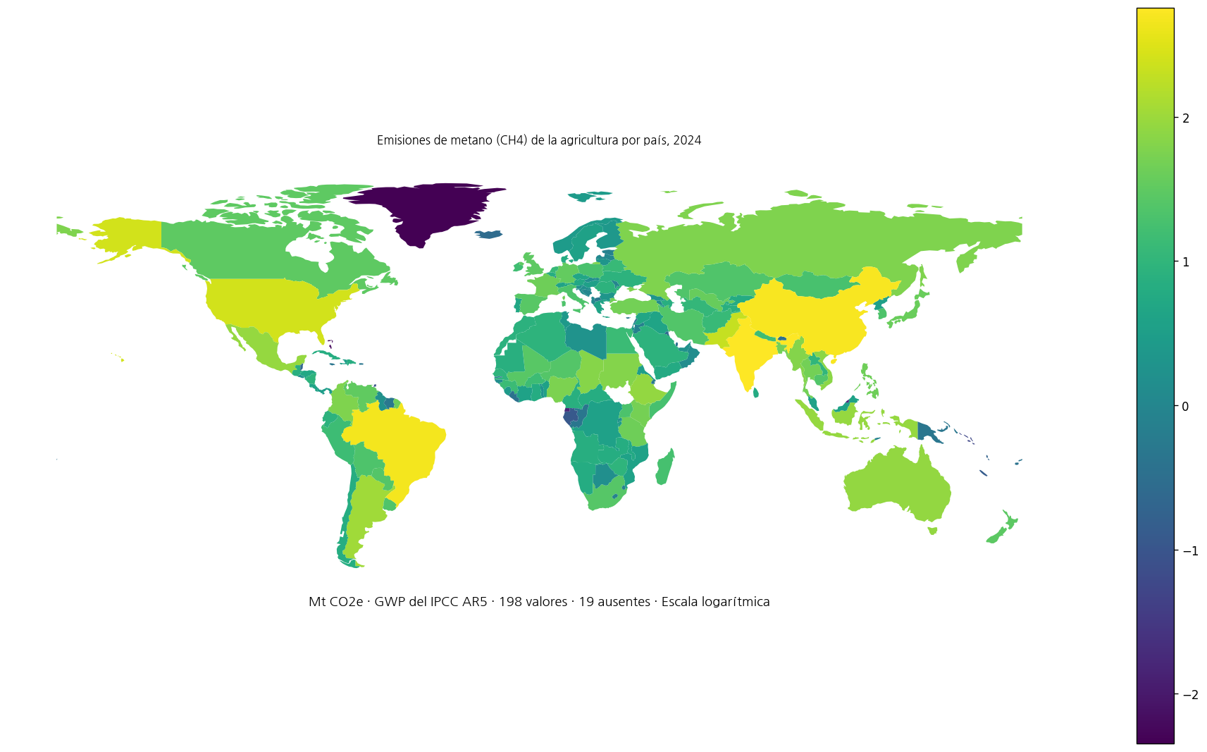 Mapa mundial de emisiones de metano agrícola por país en 2024