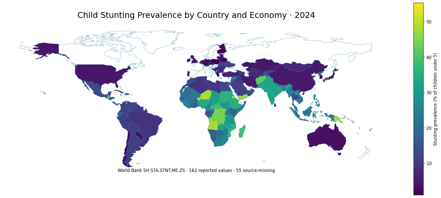 World map of modeled child stunting prevalence in 2024