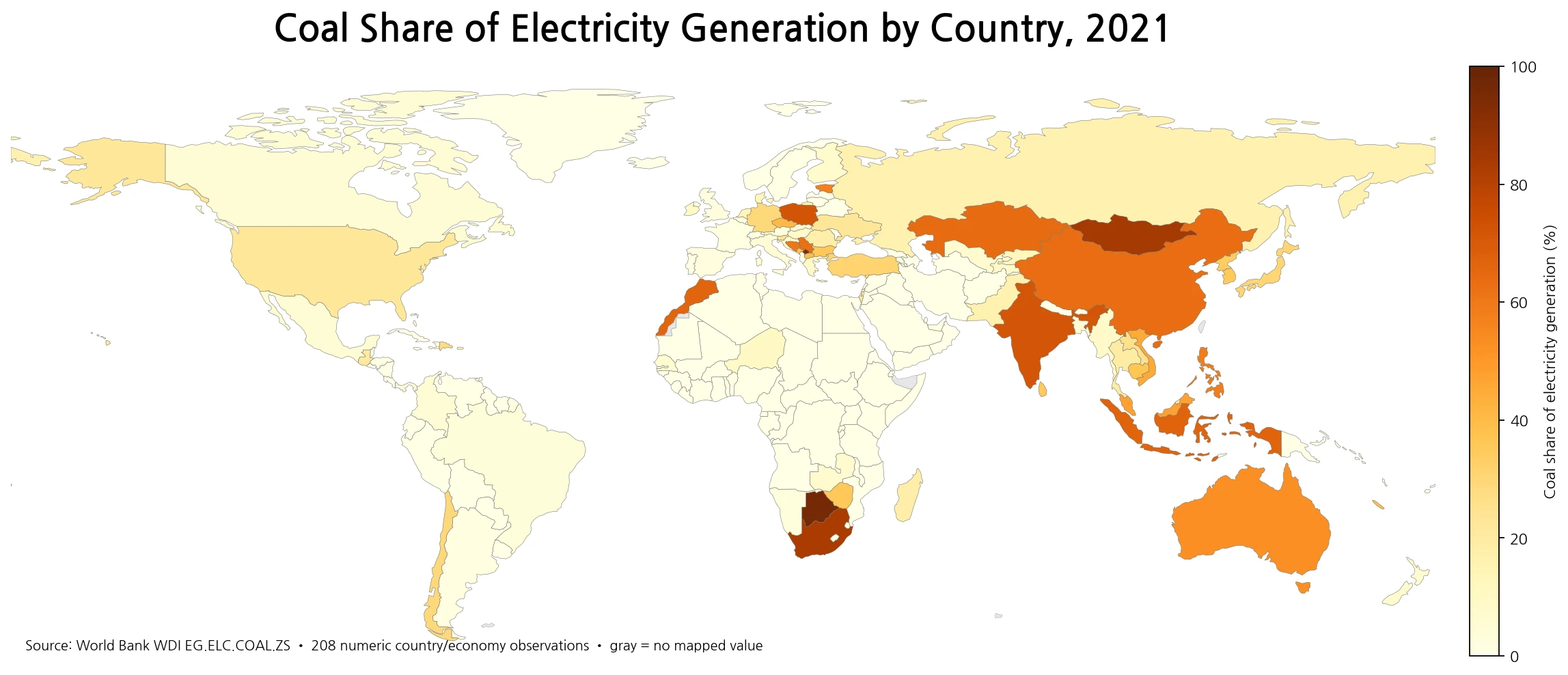 World map of national dependence on coal-fired electricity in 2021