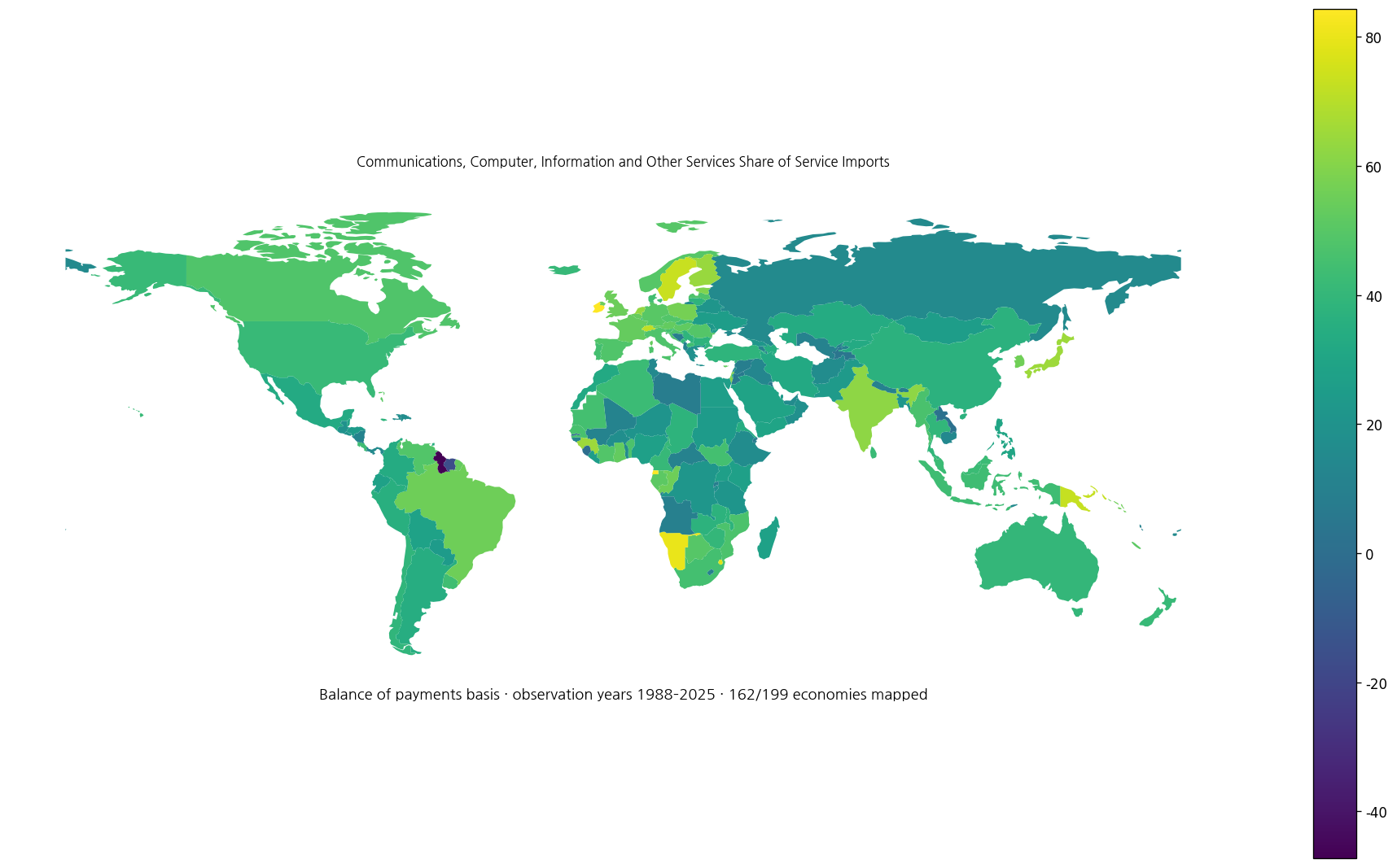 World map of communications, computer, information and other services share of service imports