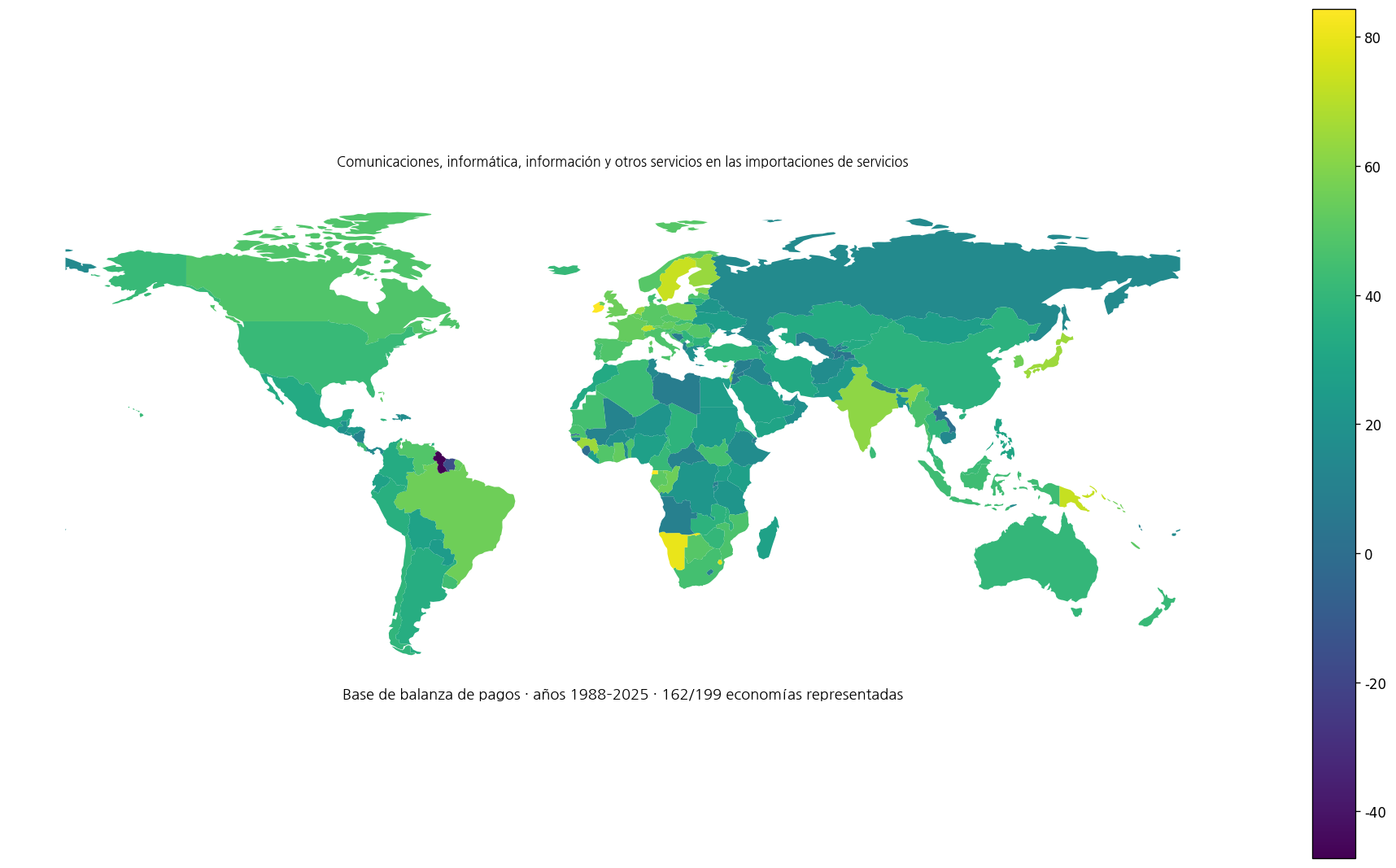 Mapa mundial de comunicaciones, informática, información y otros servicios dentro de las importaciones de servicios