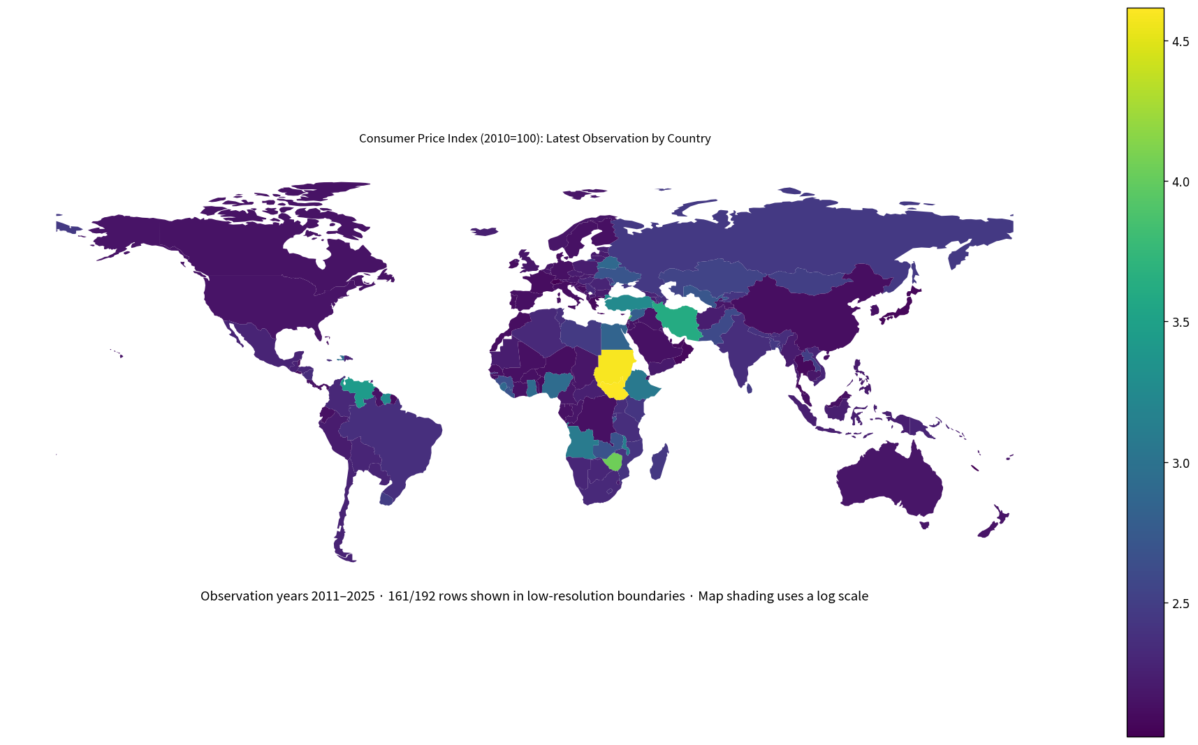 World map of latest consumer price index observations with 2010 equal to 100