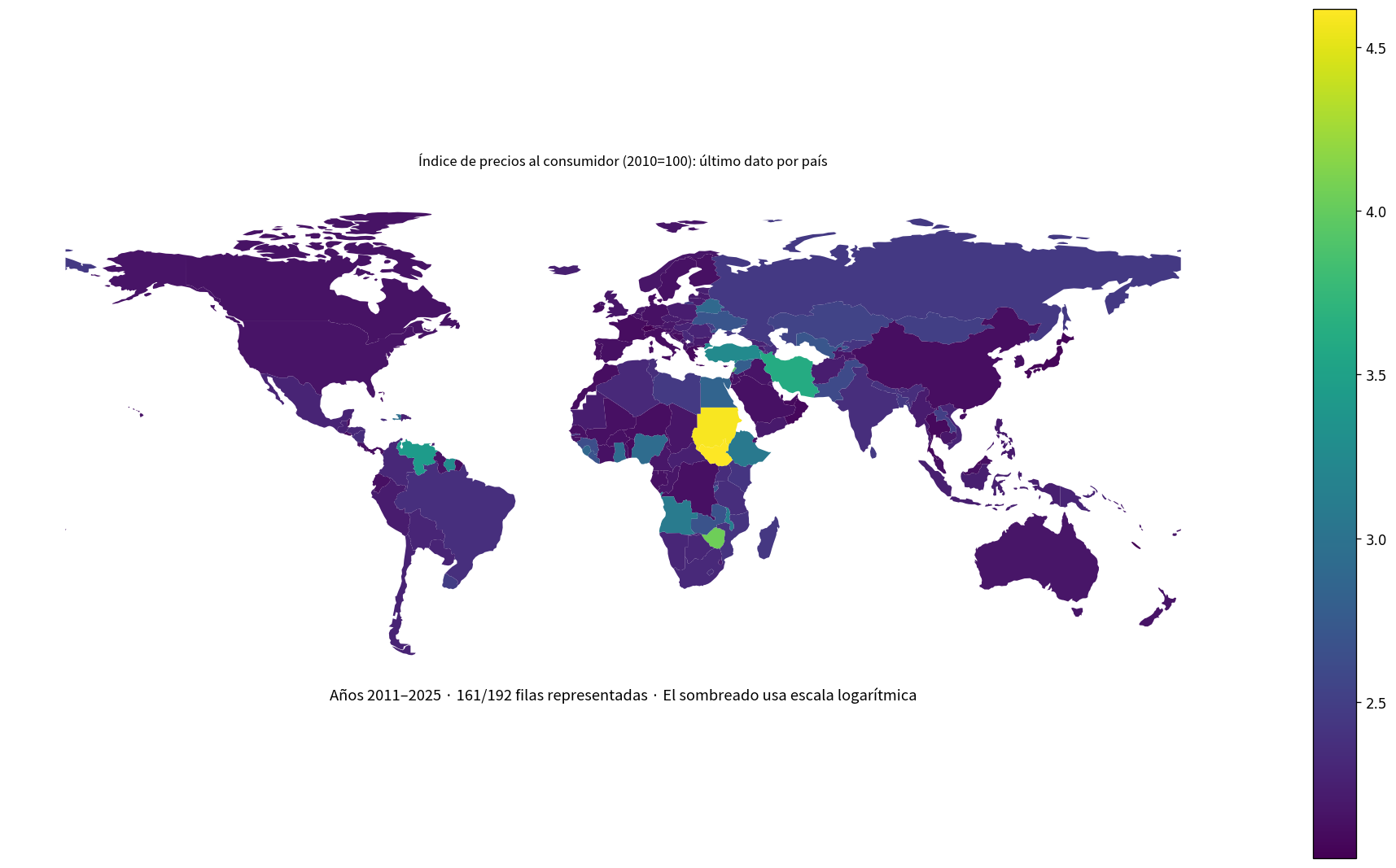 Mapa mundial del último índice de precios al consumidor con 2010 igual a 100