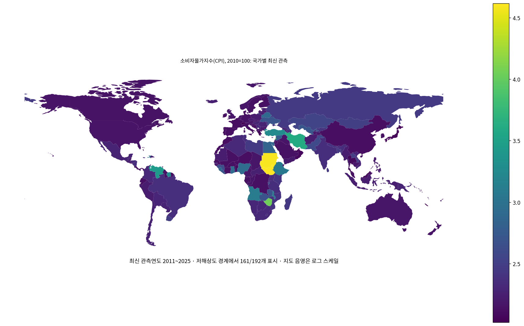 소비자물가지수 2010년 100 국가별 최신 관측 지도