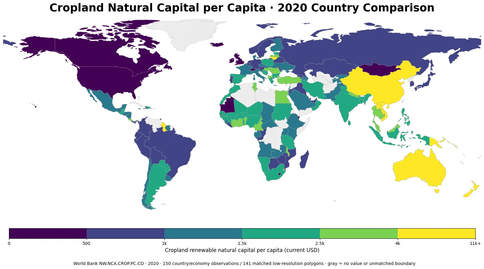 Global map of cropland renewable natural capital per capita in 2020