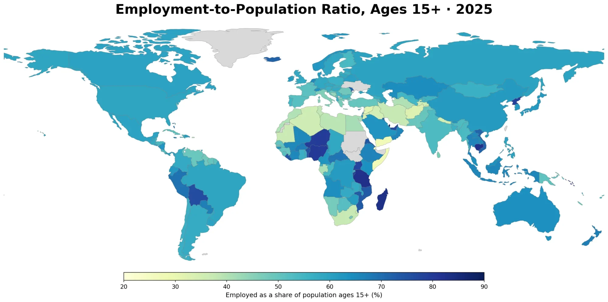 Global employment-to-population ratio map for ages 15+ in 2025