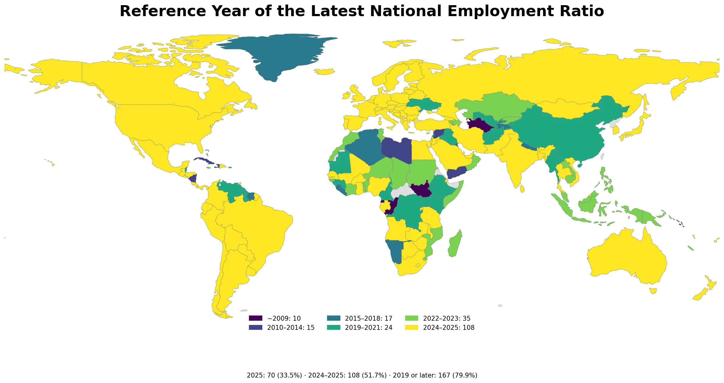 Map of reference years for the latest national employment-to-population ratio observations