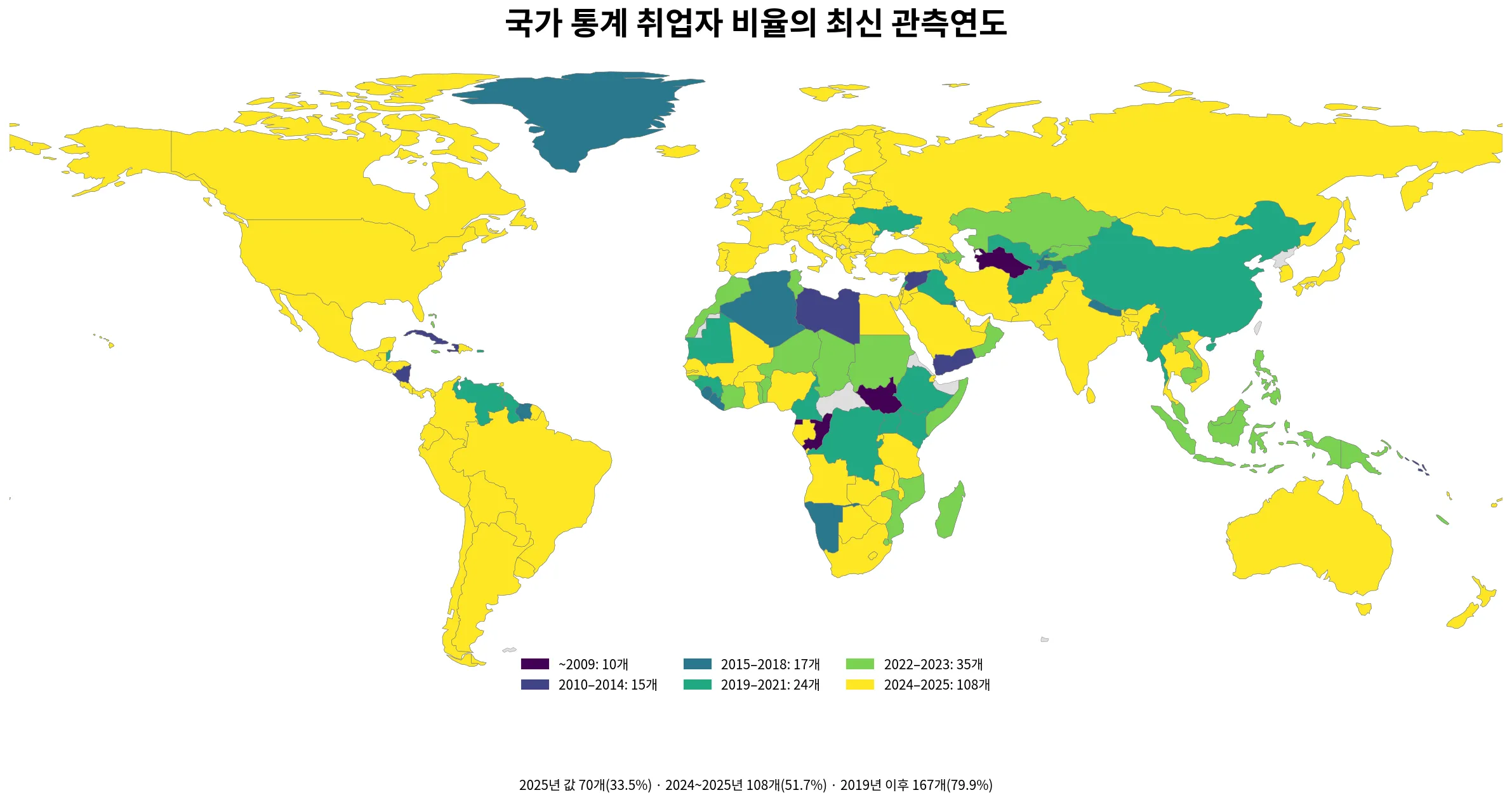세계 국가 통계 취업자 비율 최신 관측연도 지도
