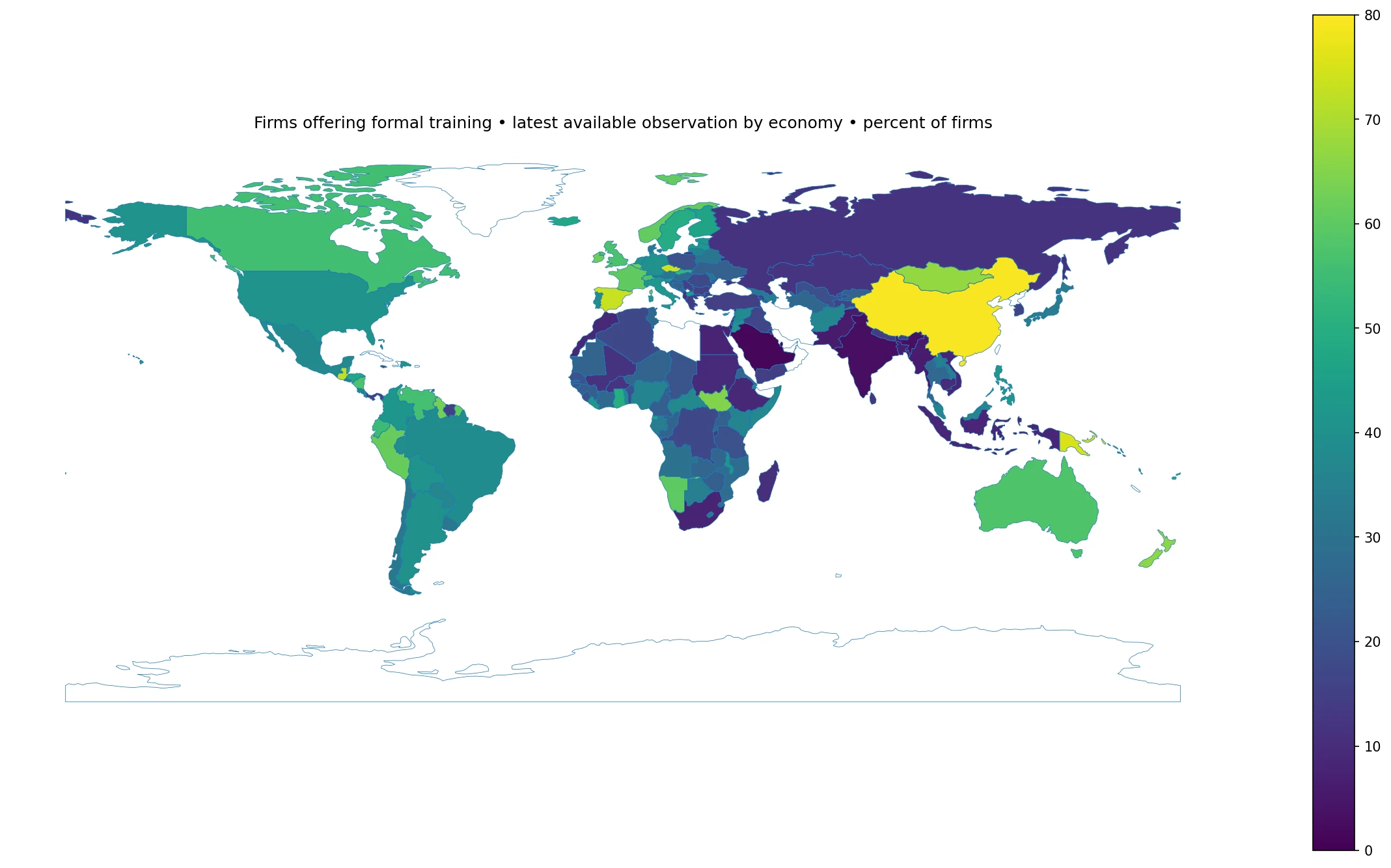 Mapa mundial de la última proporción disponible de empresas que ofrecen capacitación formal