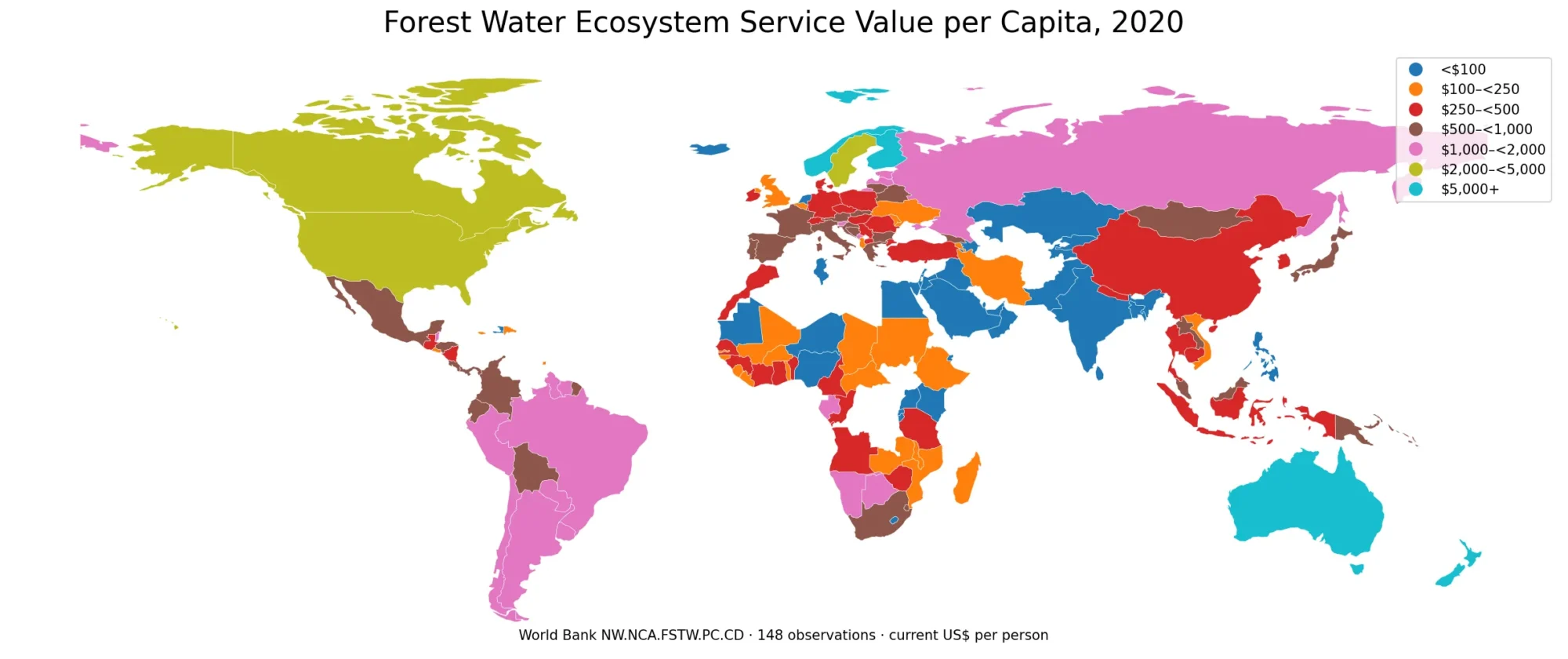 World map of forest water ecosystem service value per capita in 2020