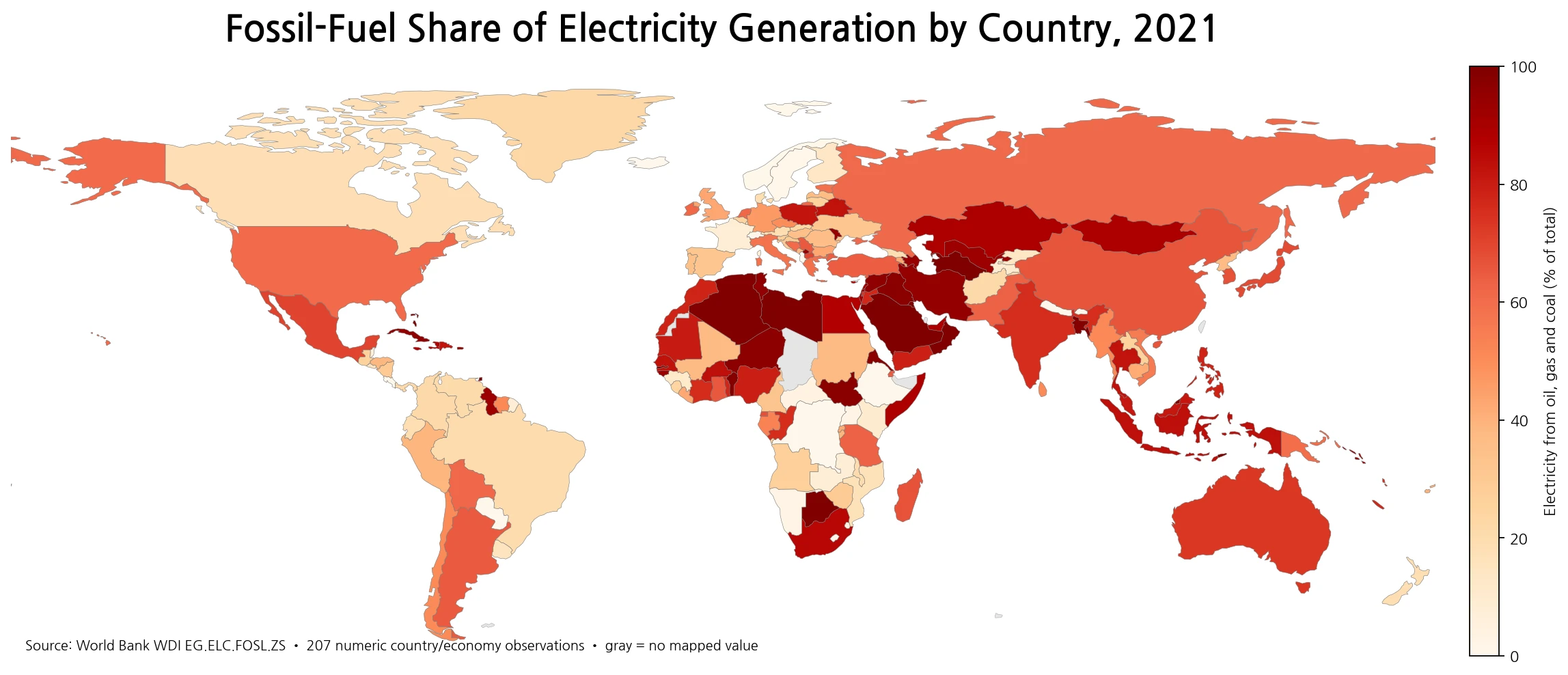World map of fossil-fuel dependence in electricity generation by country in 2021