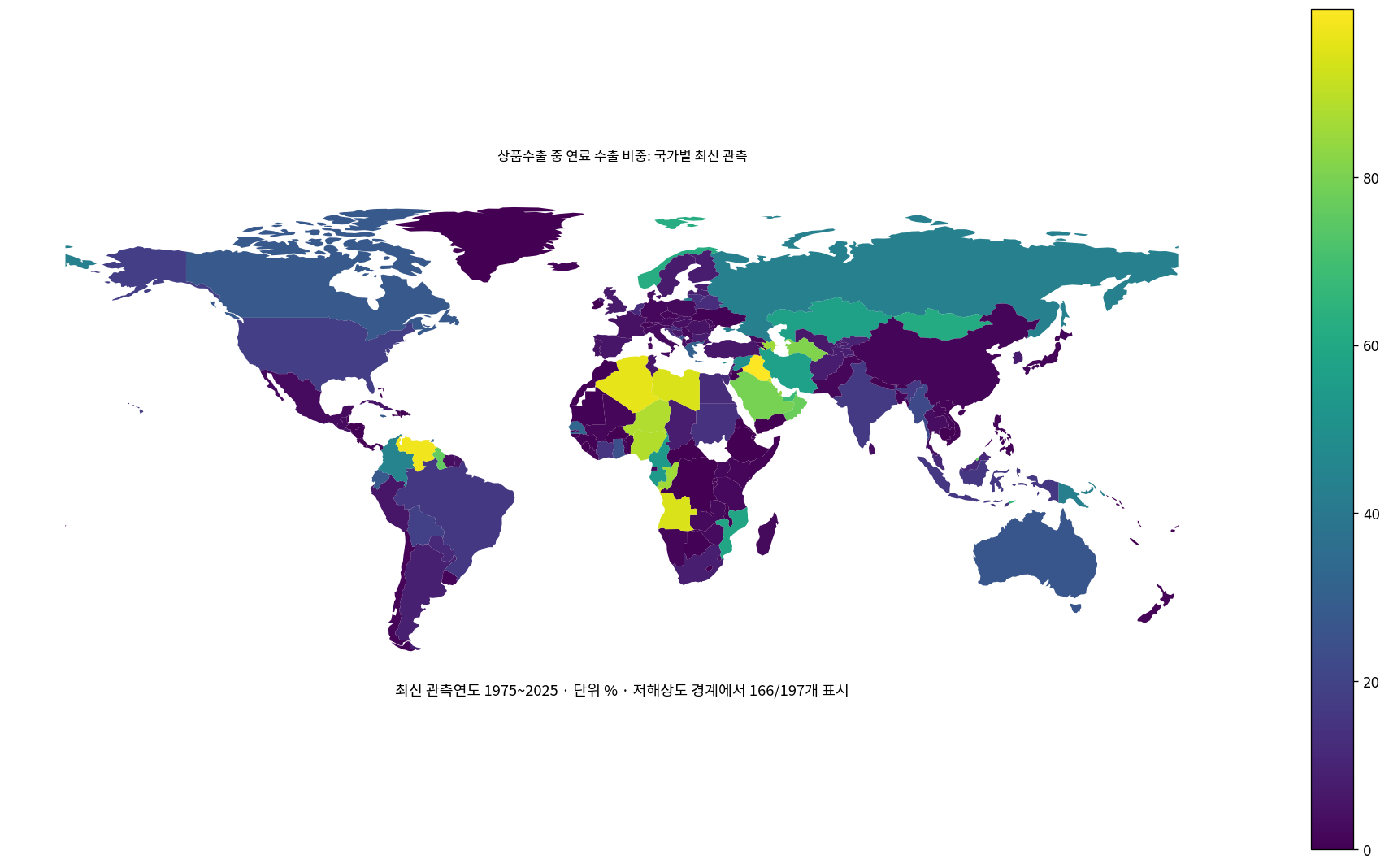 상품수출 중 연료 수출 비중 국가별 최신 관측 지도