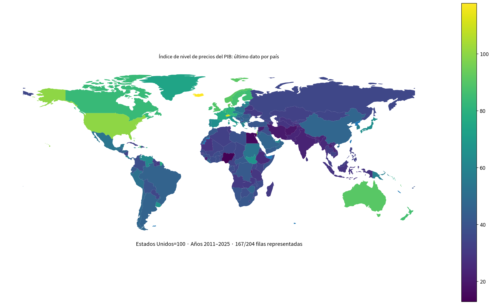 Mapa mundial del último índice de nivel de precios del PIB