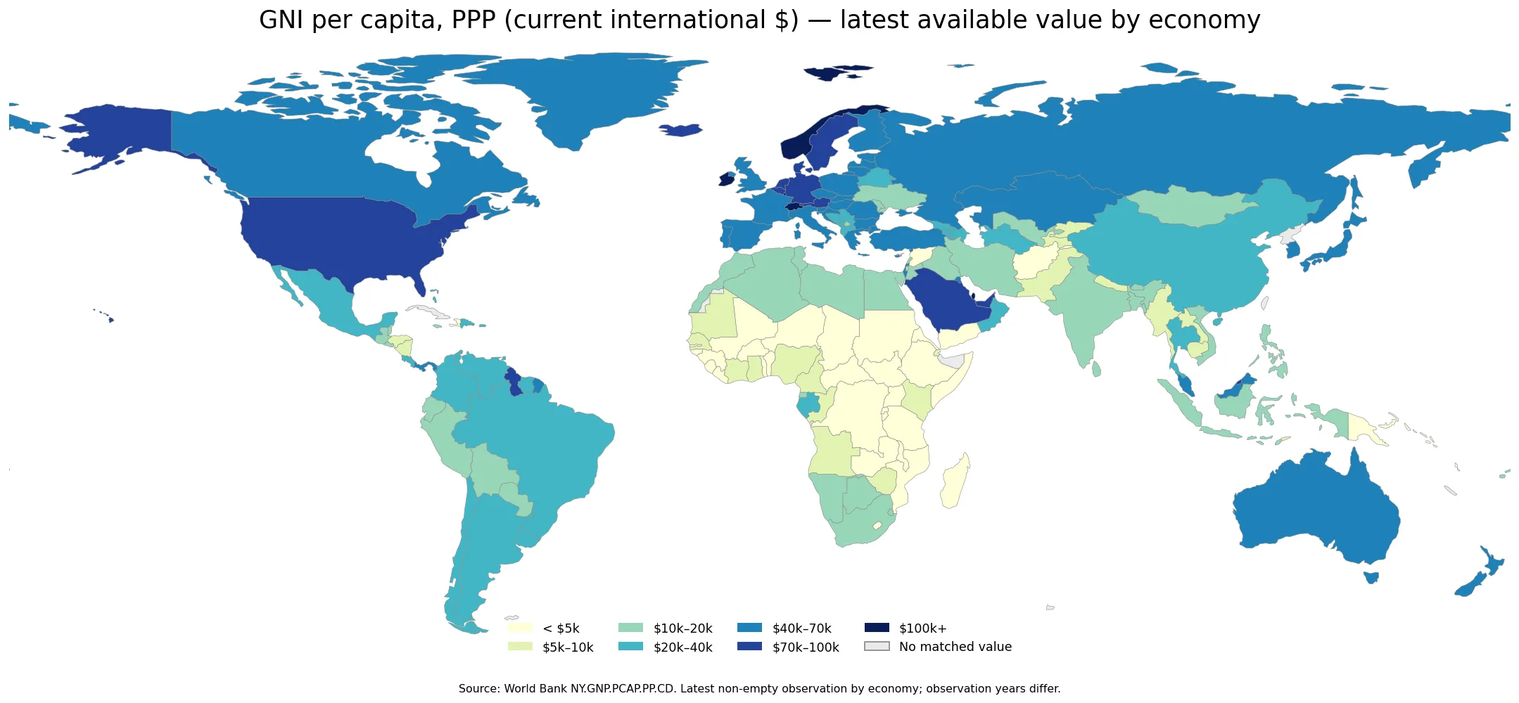 World map of latest available GNI per capita at PPP by economy