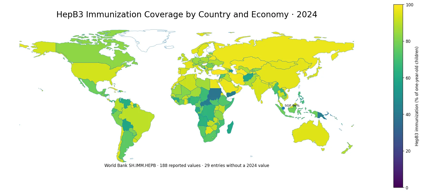 Map of HepB3 immunization coverage by country and economy in 2024