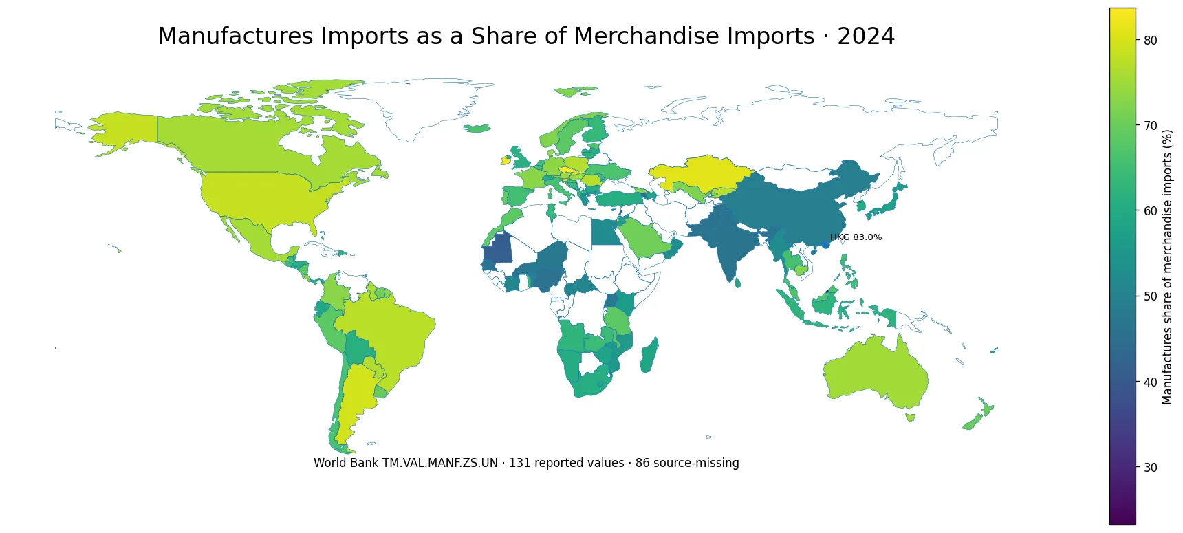 World map of manufactures as a share of merchandise imports in 2024