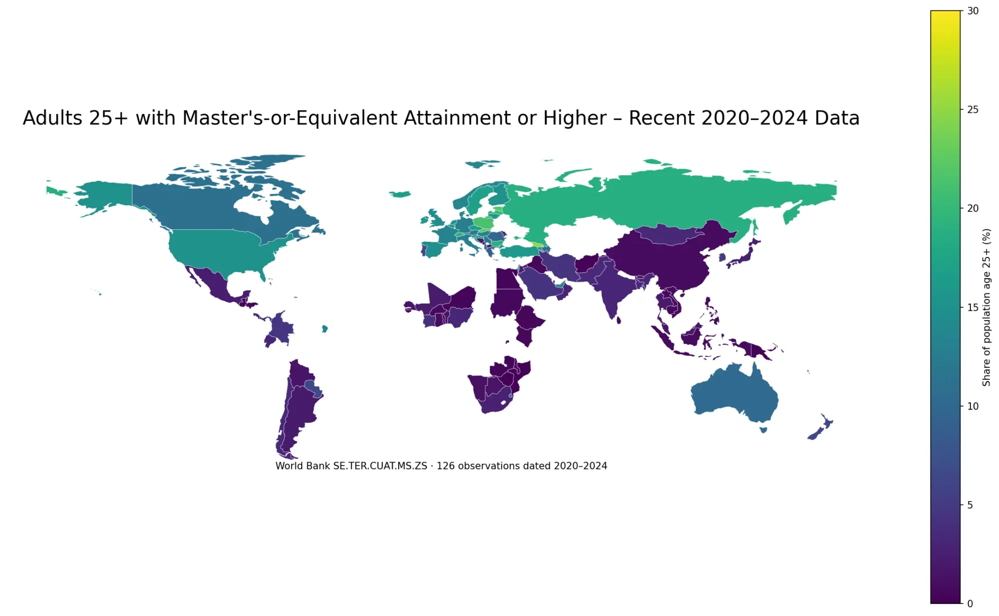 World map of adults age 25 and older with master's-or-equivalent attainment or higher using observations from 2020 to 2024